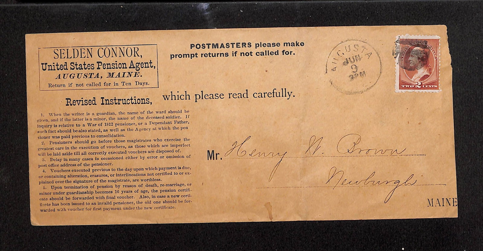 Selden Connor US Pension Agent Cover, Augusta, ME, to Henry Brown, Newburgh, ME, 1883 to 1885 (1 of 2)