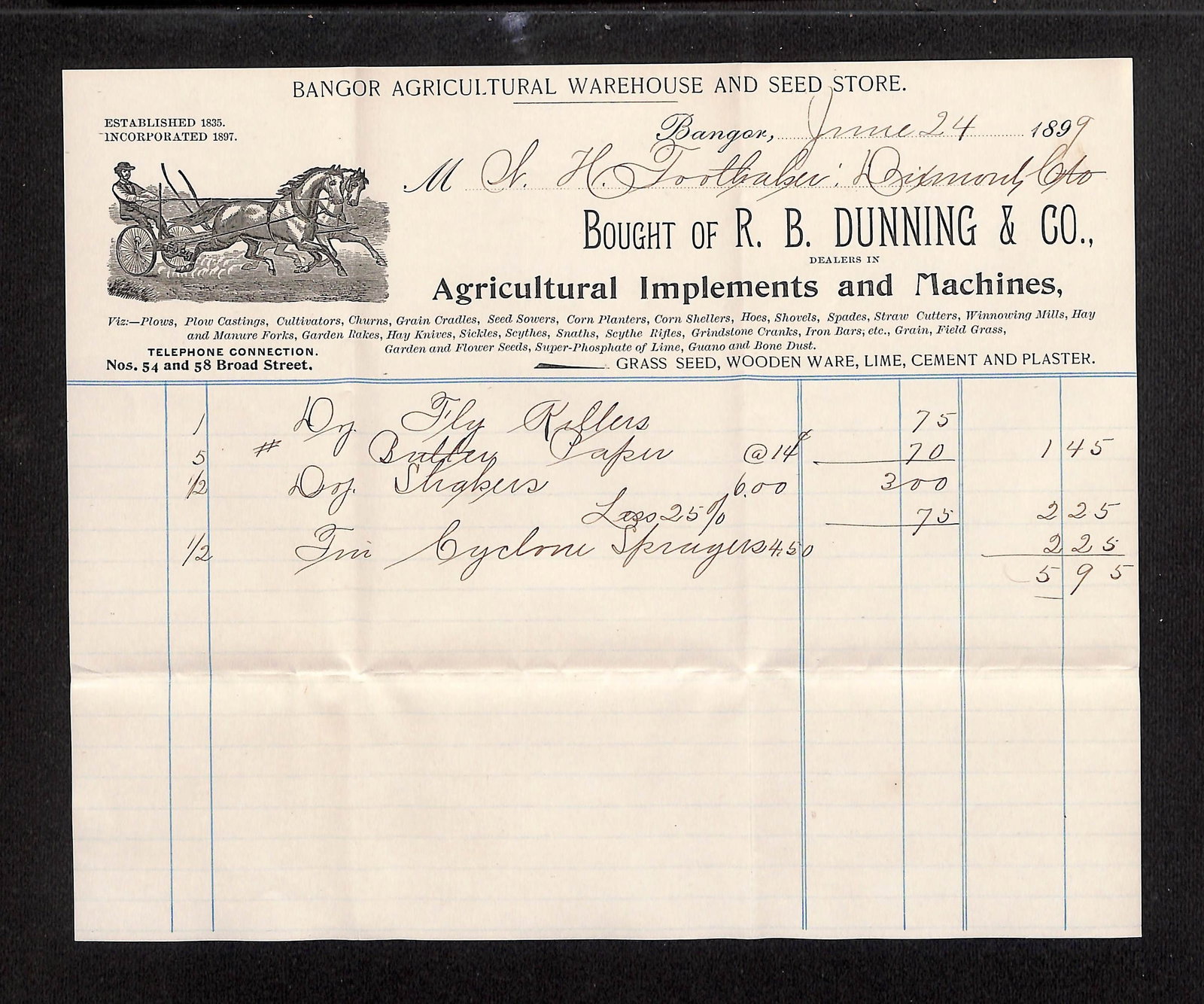1899 R. B. Dunning & Co. Agricultural Warehouse Receipt for M. N. H. Toothelen, Bangor, ME. (1 of 1)