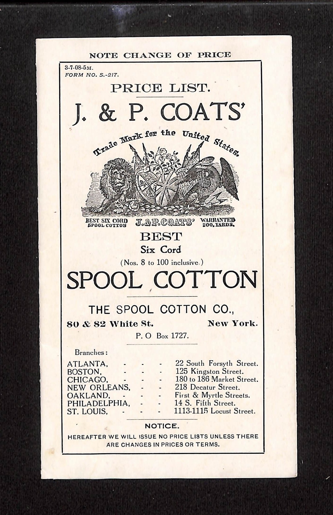J. & P. Coats' Spool Cotton Price List, Discounts, & Sales Terms, The Spool Cotton Co., 1908. (1 of 4)