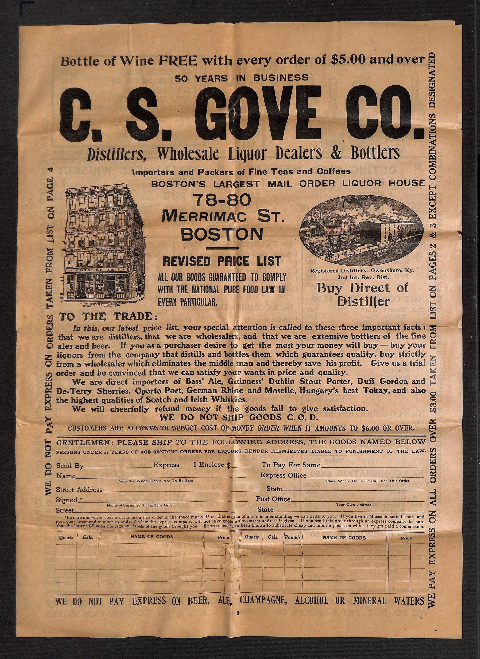 C. S. GOVE CO. Boston Liquor, Tea & Coffee Mail Order Price List, 50 Years in Business: This lot comprises a four-page printed revised price list from C. S. Gove Co., Distillers, Wholesale Liquor Dealers & Bottlers, and Importers and Packers of Fine Teas and Coffees, 78-80 Merrimac St., 