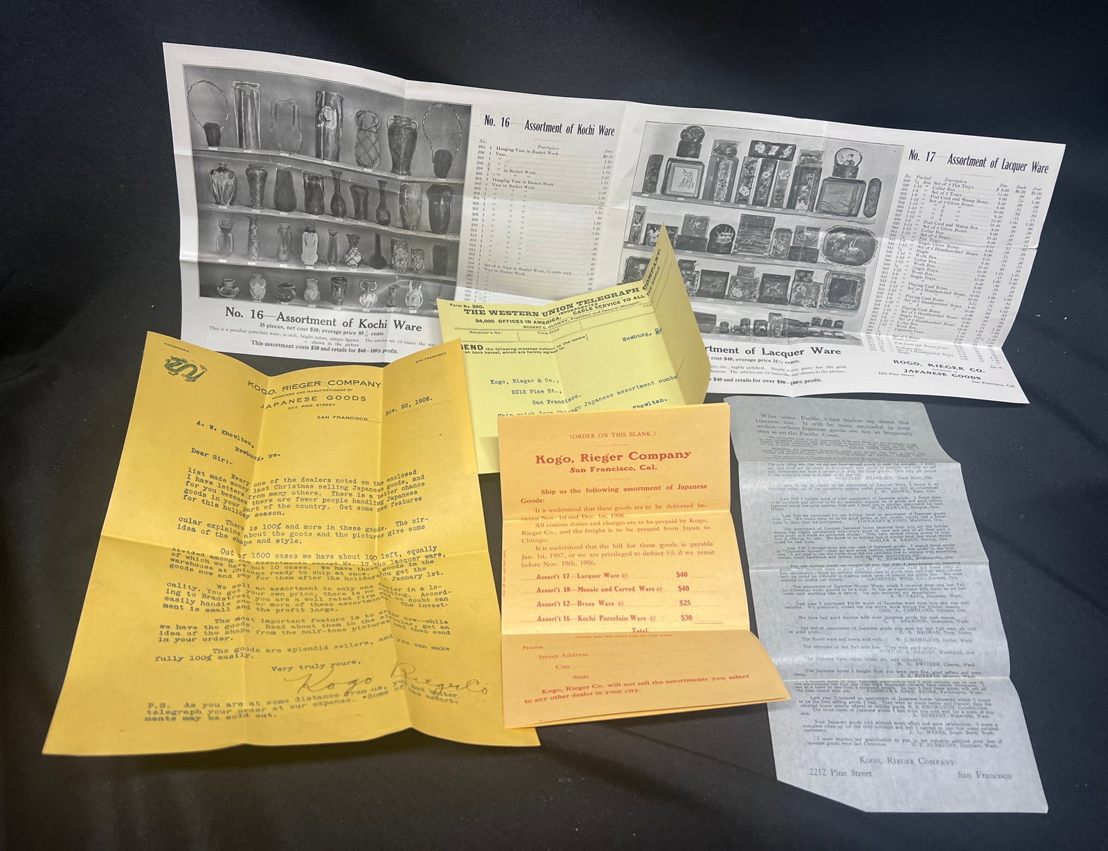 Kogo, Rieger Co. Japanese Goods Sales Ephemera: Letter, Order Forms, Catalogs, Telegram, 1906 (1 of 10)