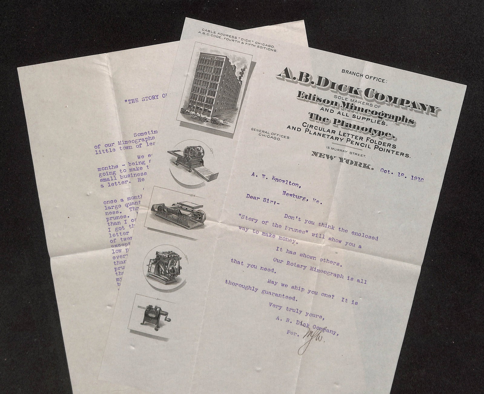 A.B. Dick Co. Letter & "Story of the Prunes" Mimeograph Ad, NY, Oct 16, 1910: A one-page typed letter from the A. B. Dick Company and a single-page mimeographed promotional document, totaling two pages. The letter, dated October 16, 1910, is addressed from 18 Murray Street, New