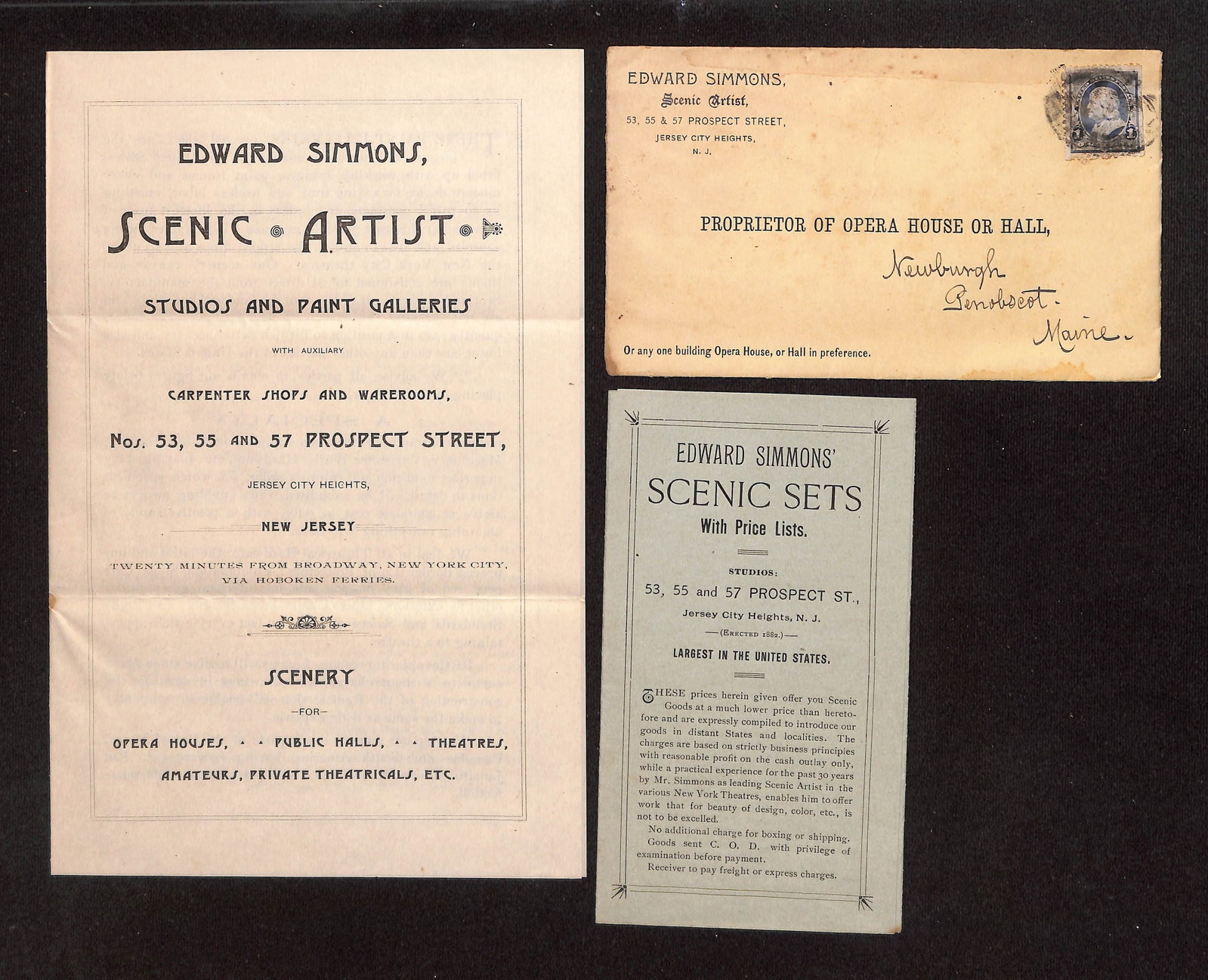 Edward Simmons Scenic Artist Theatrical Scenery Catalog with Price List & Envelope to Newburgh,: A lot consisting of one postally used envelope, one multi-panel folded promotional brochure, and one three-panel folded price list insert, totaling three pieces. The envelope features a printed return