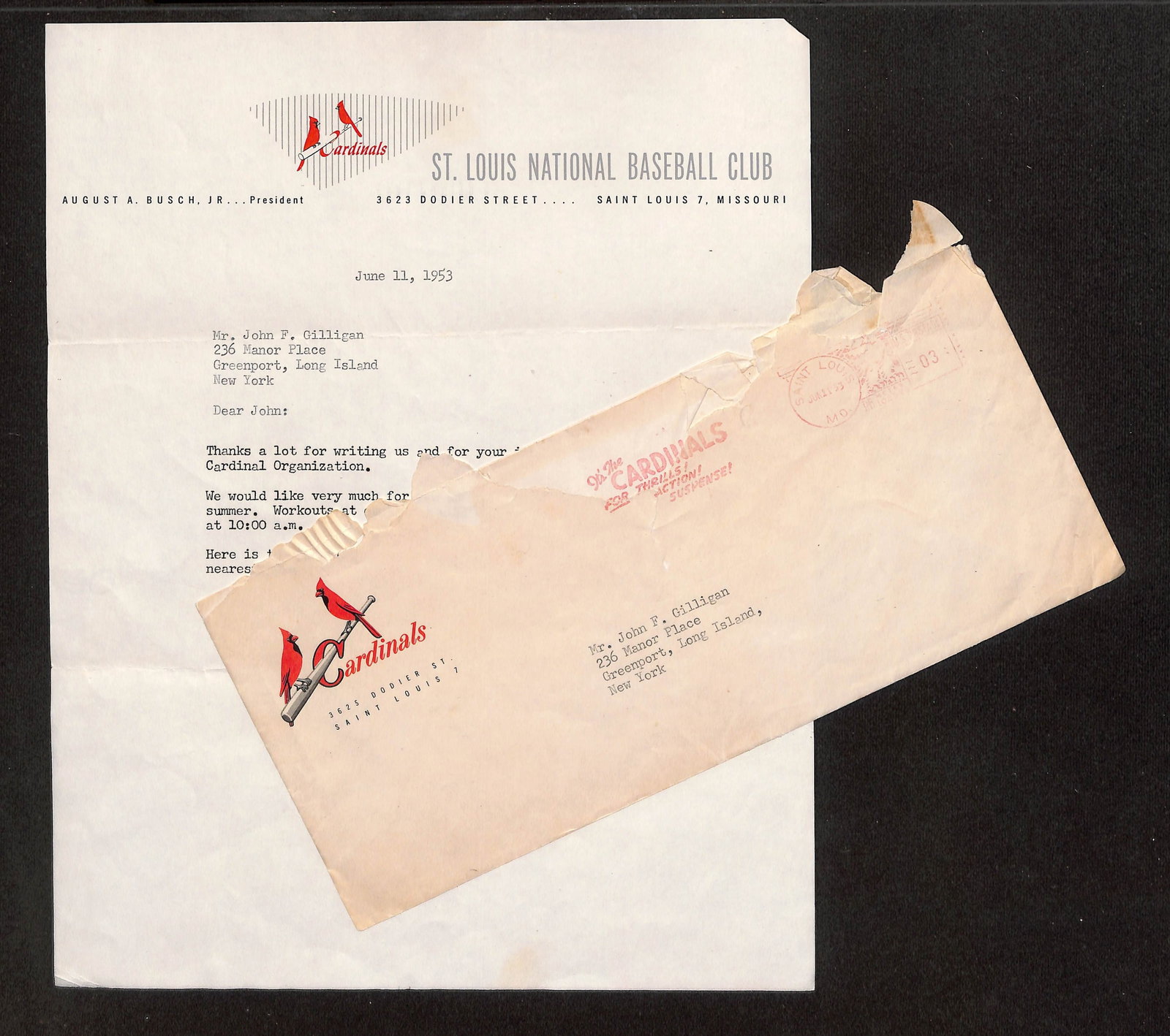 St. Louis Cardinals 1953 Typed Letter and Cover to John F. Gilligan regarding tryout camp: A postally used cover with its original single-page typewritten letter, comprising two pieces total. The letter is from the St. Louis National Baseball Club, dated June 11, 1953, and addressed to Mr. 