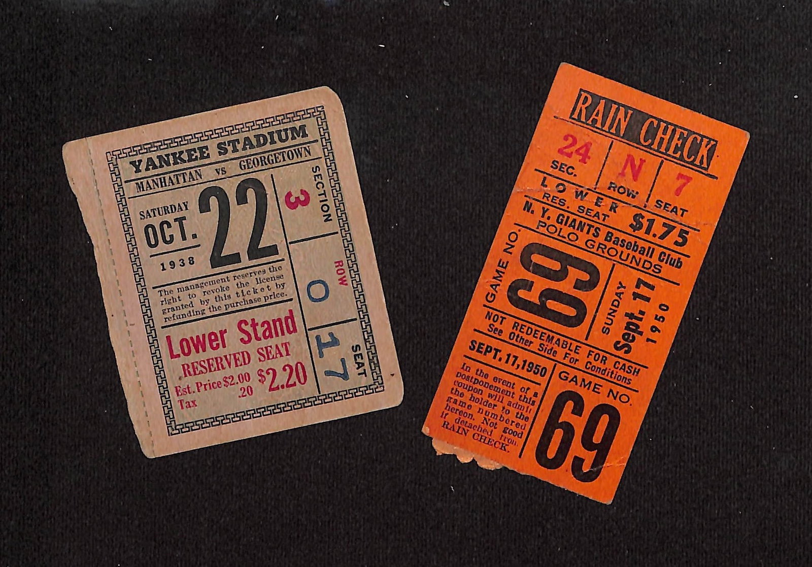 Yankee Stadium Football Ticket Manhattan vs Georgetown 1938 and N.Y. Giants Rain Check 1950 (1 of 6)