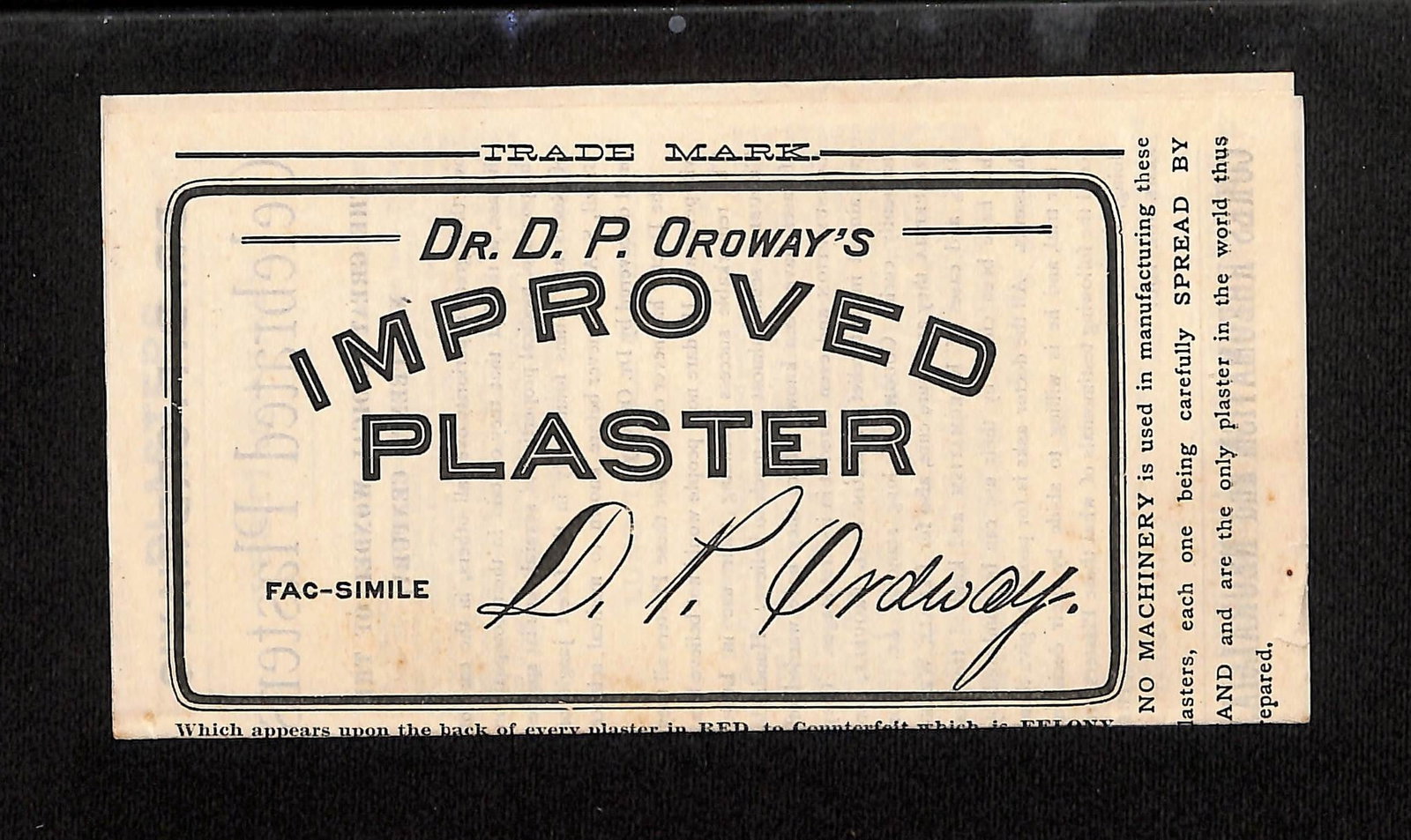 Dr. D. P. Ordway's Improved Plaster Advertising Flier with Testimonials, Providence, R.I., c. 1890s: A two-sided advertising flier for Dr. D. P. Ordway's Improved Plaster, a patent medicine from Providence, R.I., circa 1880s-1890s. Please review the photos carefully for additional condition details. 