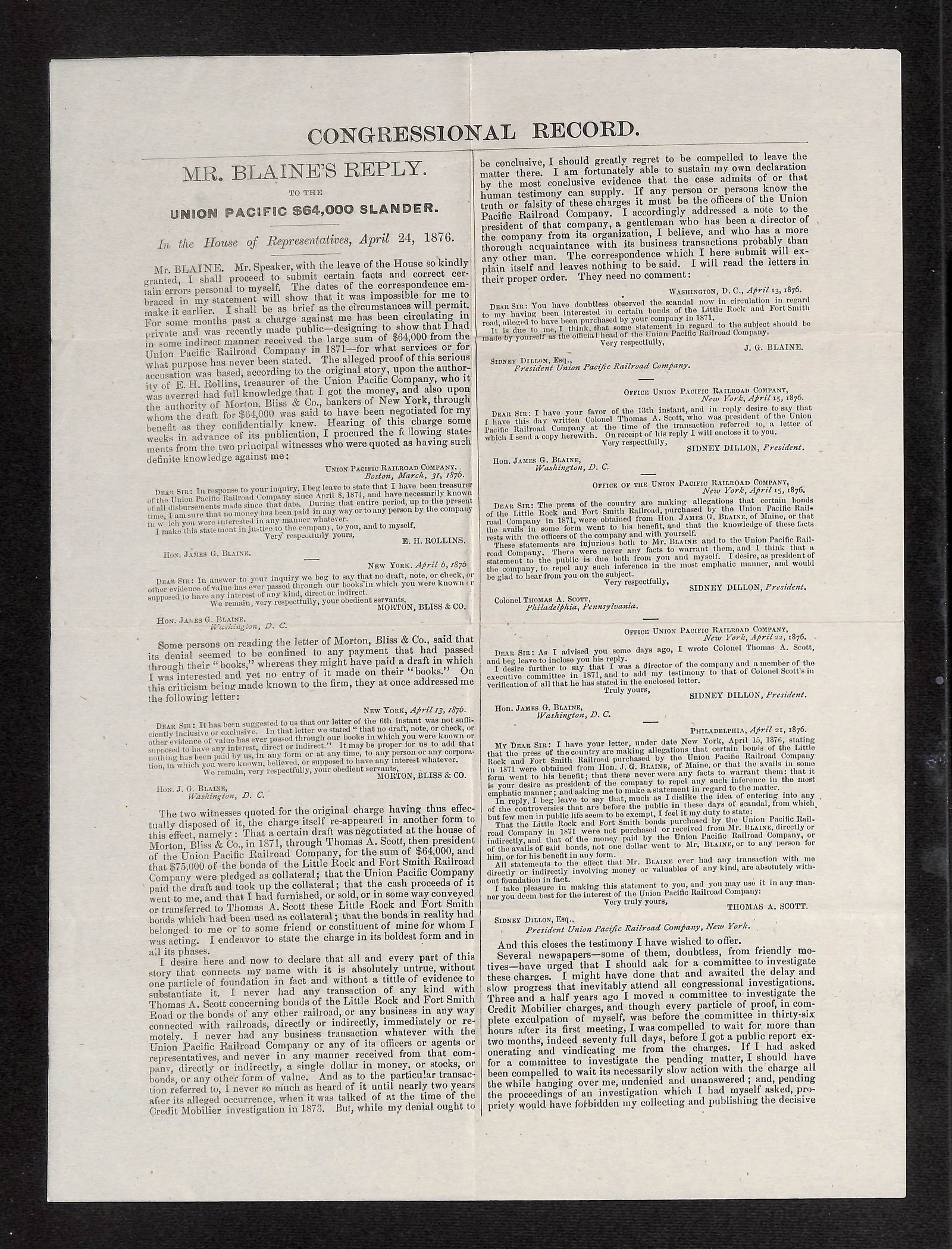 Congressional Record: J.G. Blaine's Reply on Union Pacific Railroad Bonds, Washington, D.C., Apr.: A two-page printed document titled 'CONGRESSIONAL RECORD. MR. BLAINE'S REPLY.' from April 24, 1876, in which James G. Blaine defends himself against charges concerning Union Pacific Railroad and Littl