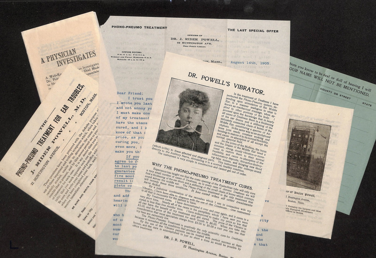 Dr. J. Rider Powell Phono-Pneumo Deafness Treatment & Vibrator Ephemera Collection, Boston, 1905: This lot includes six distinct pieces of medical ephemera from Dr. J. Rider Powell regarding his Phono-Pneumo Treatment for deafness, including a letter dated August 14, 1905, from his Boston, Massach