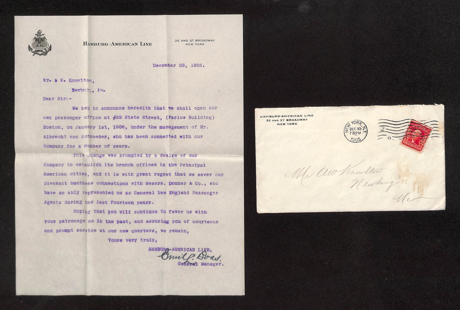 Hamburg-American Line Letter & Cover, Boston Office Opening, New York to Knowlton, 1905 (1 of 2)