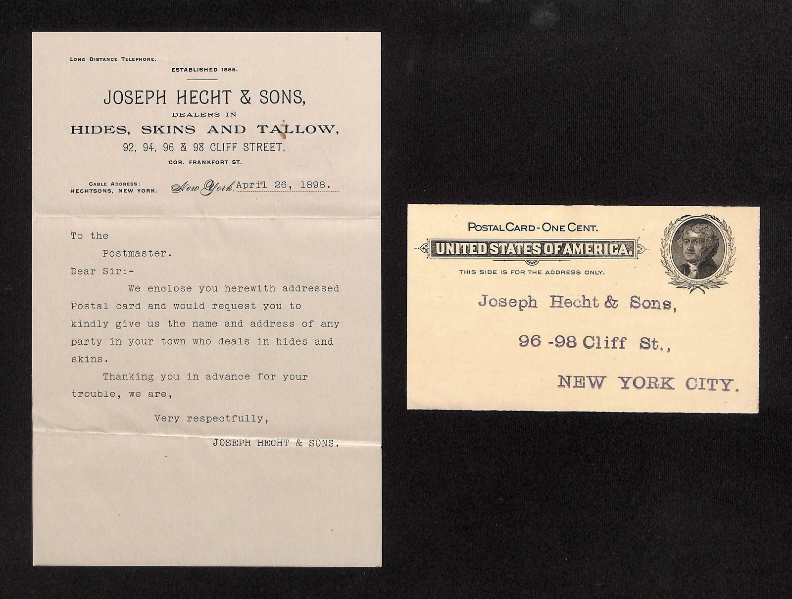 Letter & Reply Postal Card from Joseph Hecht & Sons, New York Hides, Skins & Tallow, 1898 (1 of 2)