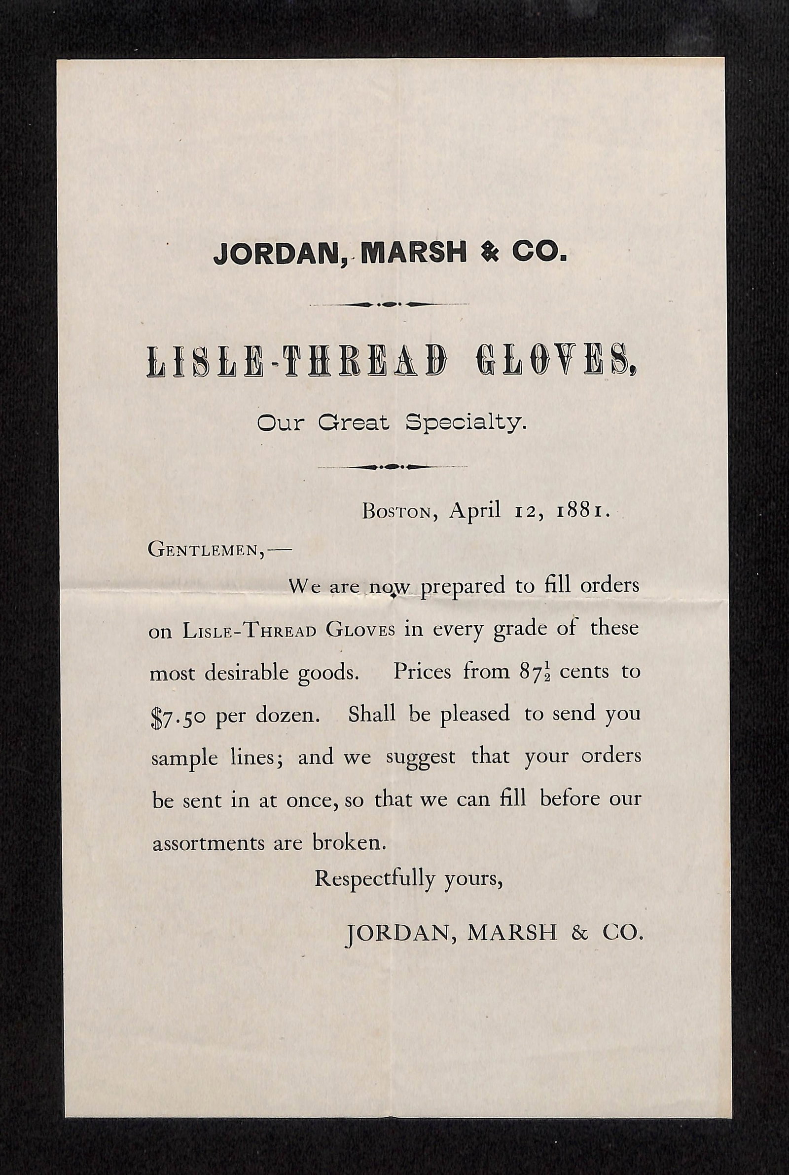 Document: Jordan, Marsh & Co. Lisle-Thread Gloves Business Letter from Boston, April 12, 1881. (1 of 1)
