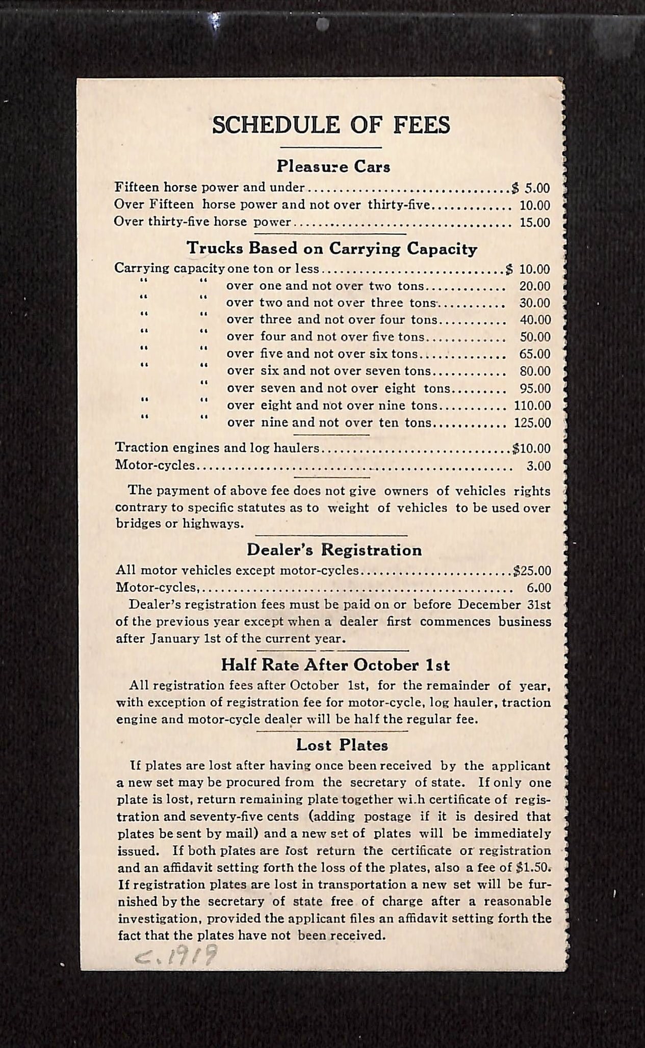 1919 Maine Motor Vehicle Fees, Registration, and Operator's License Regulations Official State (1 of 2)