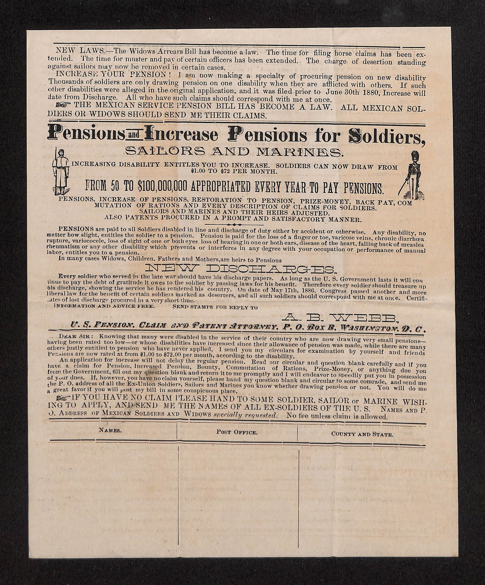 1887 A.B. Webb Civil & Mexican War Pension Claim Handbill for Soldiers, Sailors & Marines, D.C.: A two-sided printed handbill (advertising circular) issued by A. B. Webb, U.S. Pension Claim and Patent Attorney, P.O. Box B, Washington, D.C., soliciting pension and increase-of-pension claims for Ci