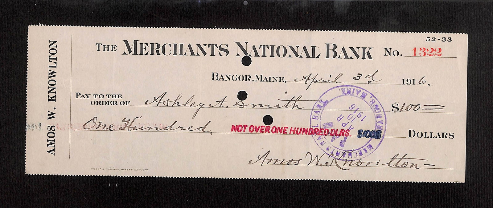 Amos W. Knowlton Check to Ashley A. Smith, Merchants National Bank, Bangor, Maine, April 3, 1916 (1 of 2)