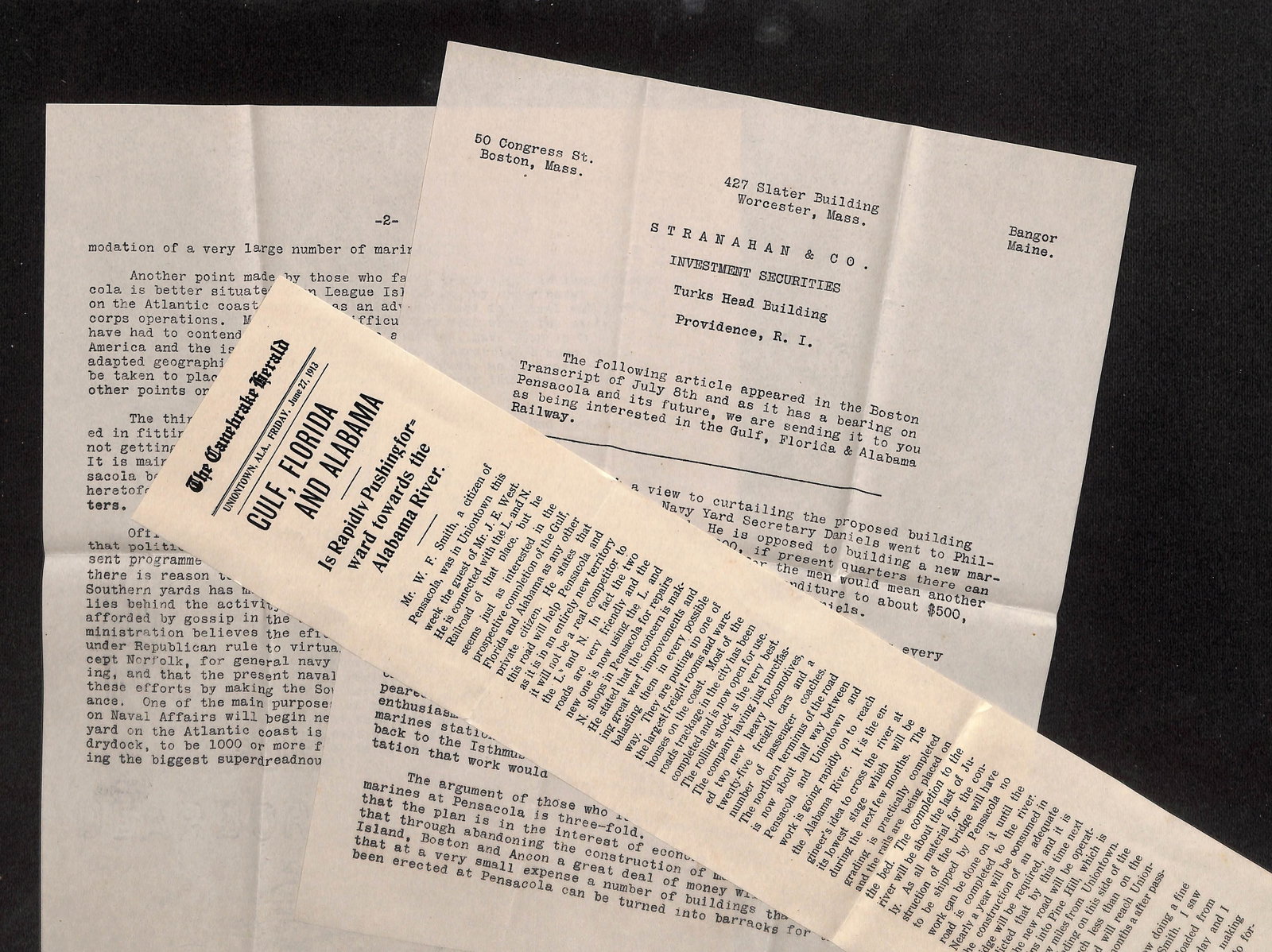 Stranahan & Co. Investment Securities Document re: Pensacola & Gulf, Florida & Alabama Railway. July (1 of 4)
