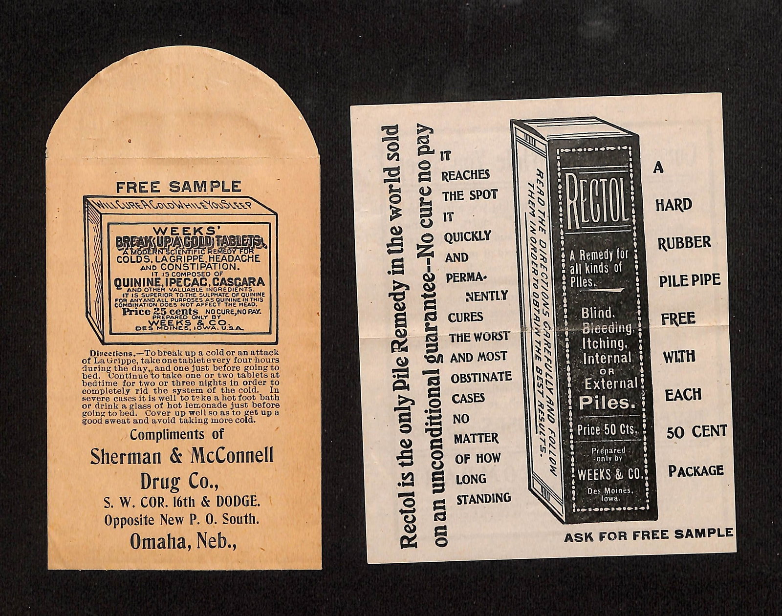 Weeks' Break-Up-A-Cold Tablets & Rectol Pile Remedy Advertising Flyer, Undated (1 of 2)