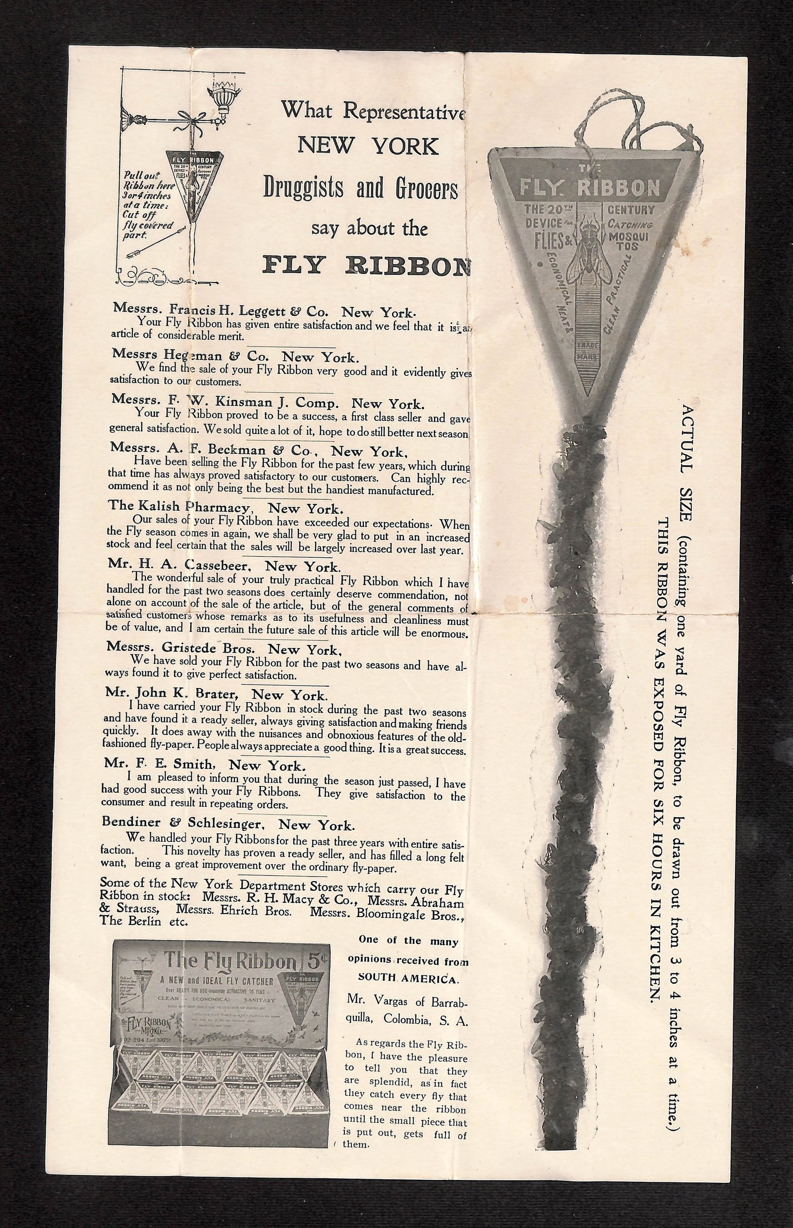 Early 20th Century Advertisement for 'The Fly Ribbon' with NY Business Testimonials, Early Fly Paper: This is an early 20th century advertisement for 'The Fly Ribbon,' featuring testimonials from various New York druggists, grocers, and department stores, along with a South American opinion. Please re