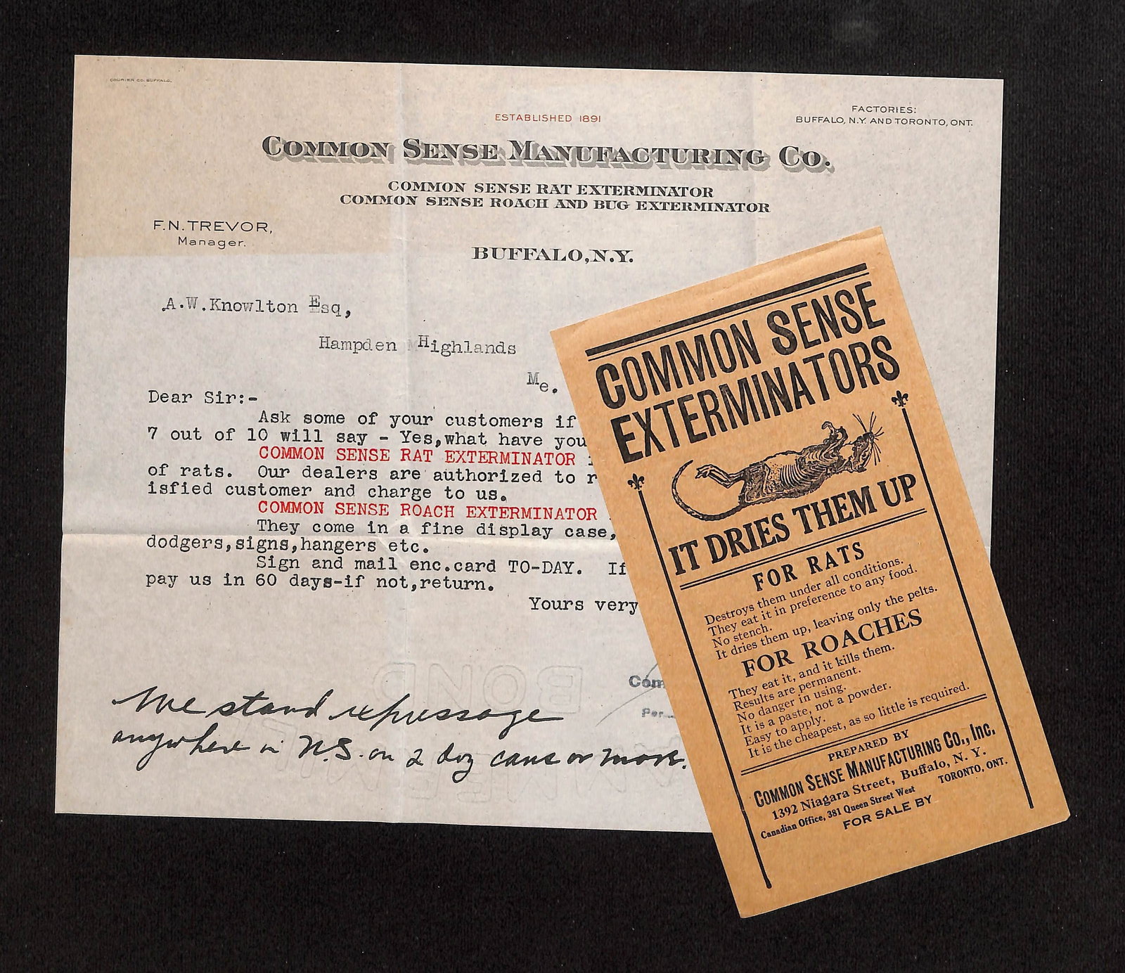 Common Sense Mfg. Co. Sales Letter & Exterminator Brochure, Buffalo, NY & Toronto, 1916: This lot includes a 1916 typed letter from Common Sense Manufacturing Co. of Buffalo, N.Y. and Toronto, Ont., signed by their Secretary & Treasurer, discussing their Rat and Roach Exterminators, accom