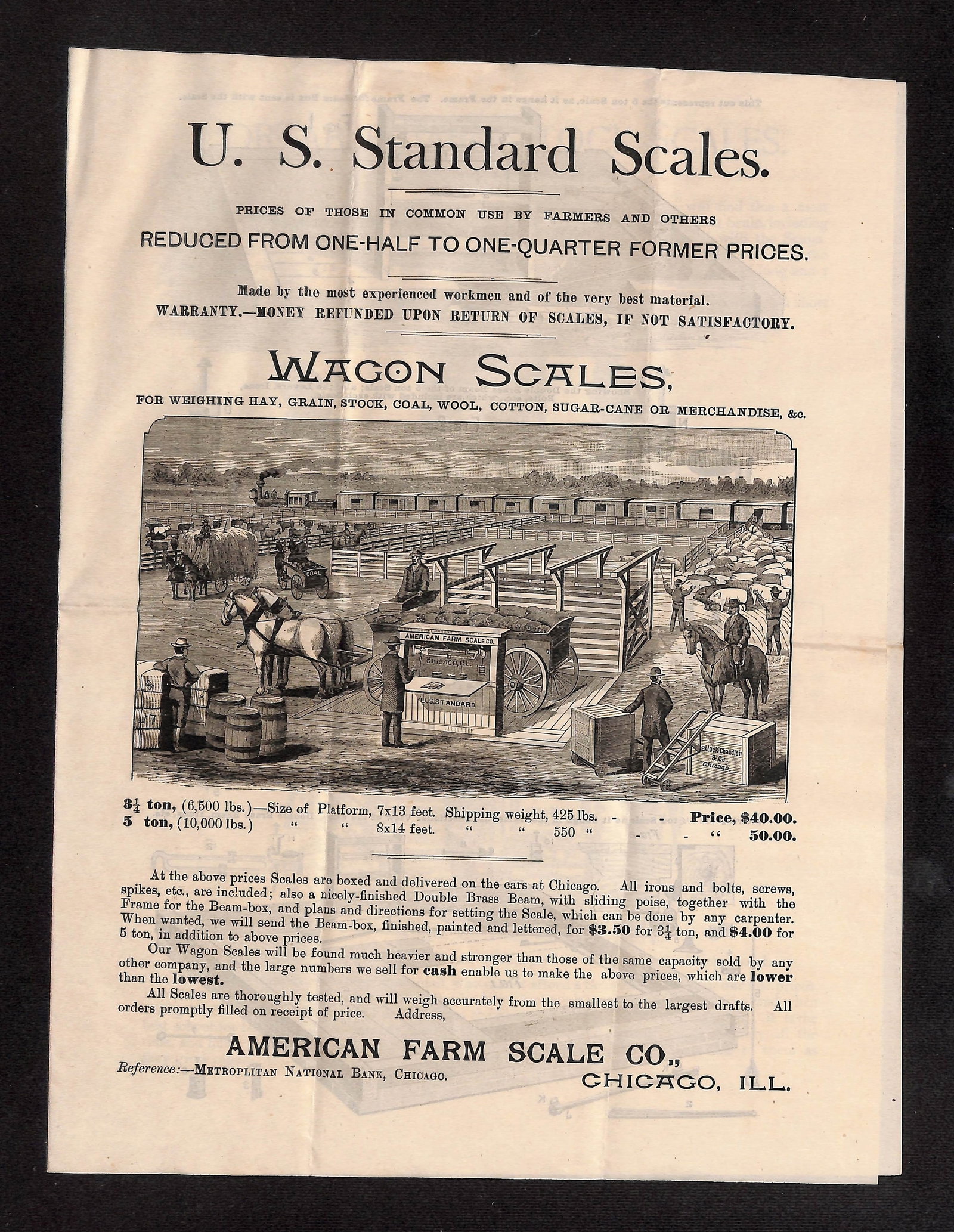 American Farm Scale Co. Advertising Sheet for Wagon, Portable, and Farm Stock Scales, Chicago (1 of 3)