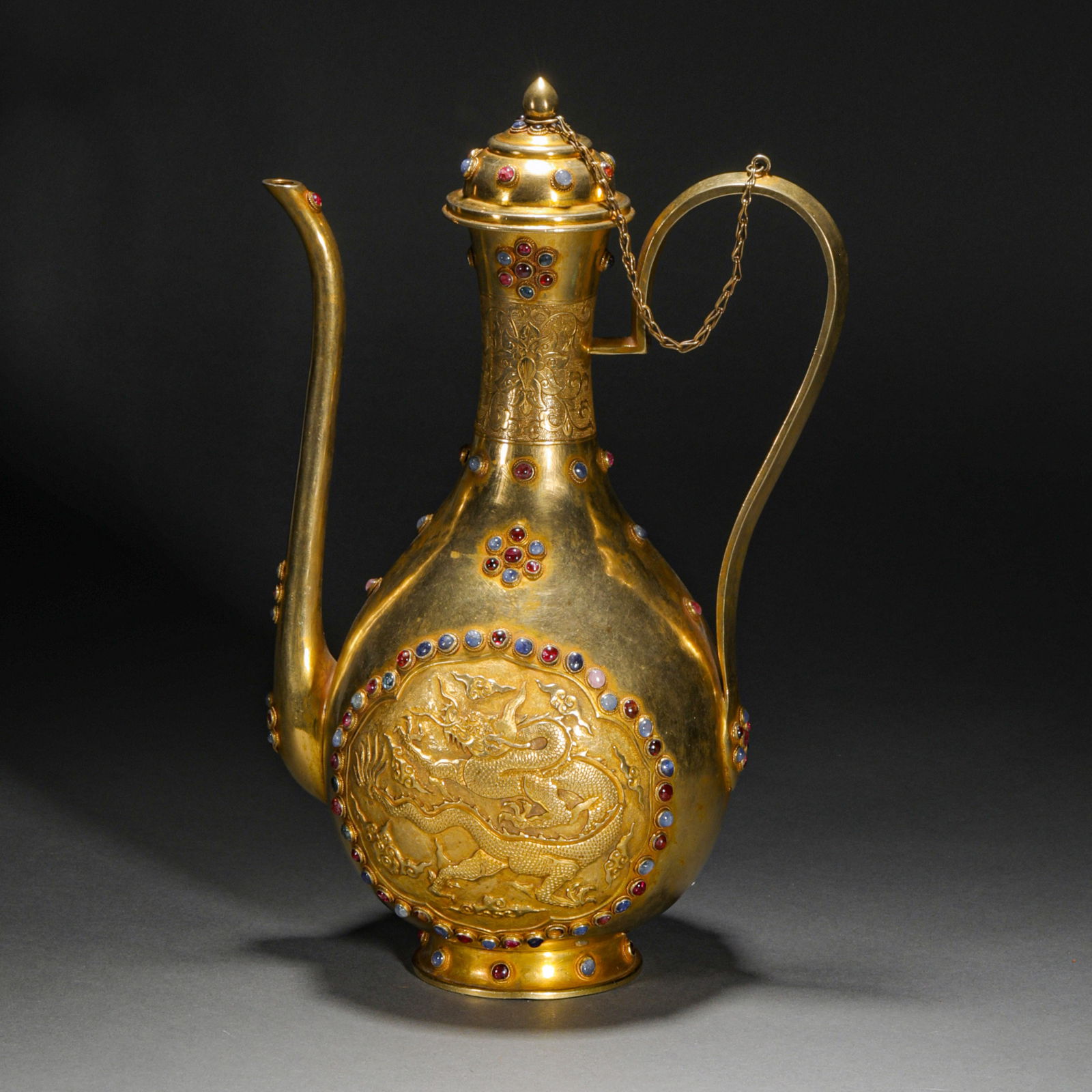 Ming Dynasty or before, gilt silver and gem inlaid dragon pattern ewer (1 of 13)