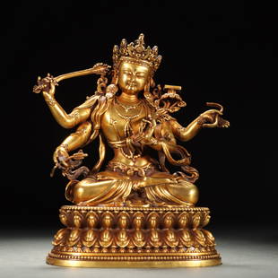 Qing Dynasty gilt bronze statue of Manjushri Bodhisattva: Qing Dynasty gilt bronze statue of Manjushri BodhisattvaH15cm W13.5cm Weight1365g