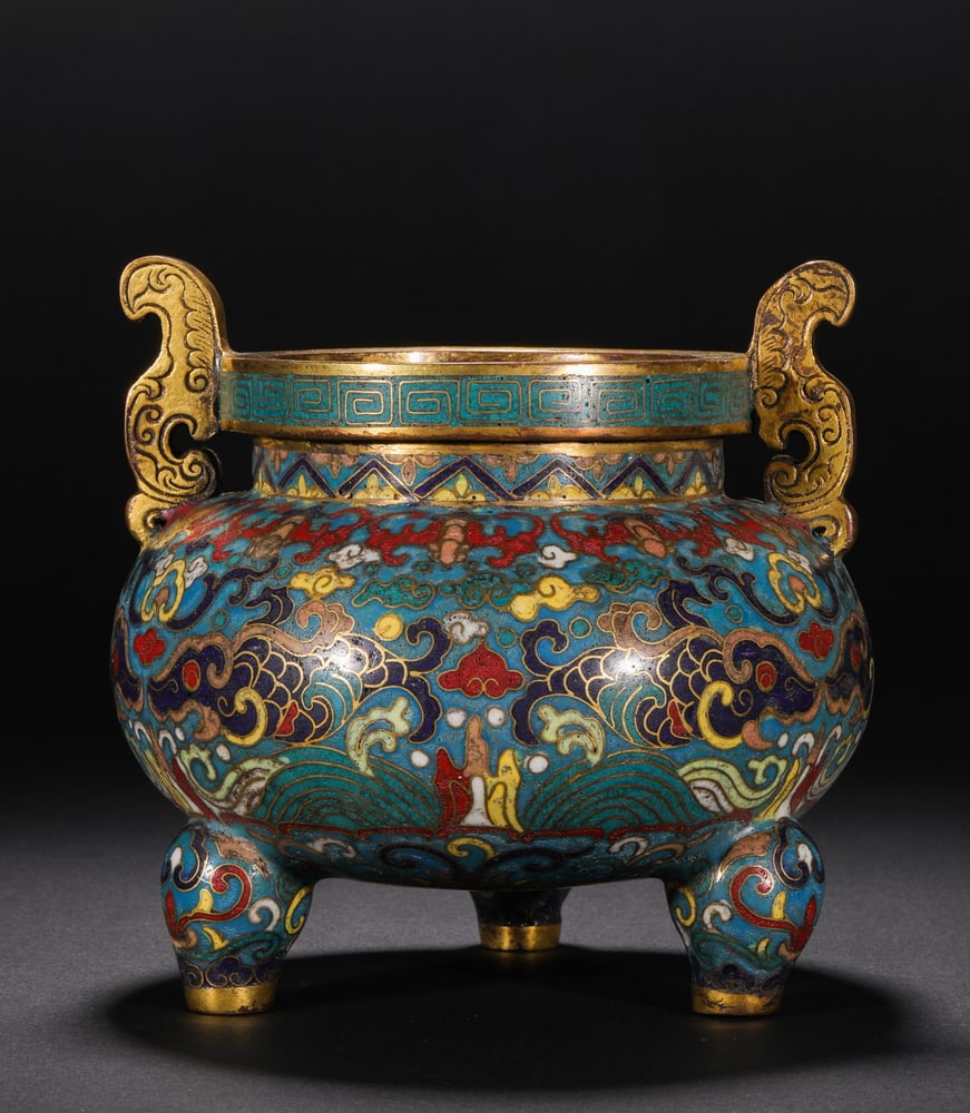 Qing Dynasty Cloisonné Double Fish Pattern Two-Eared Three-legged Stove - 5