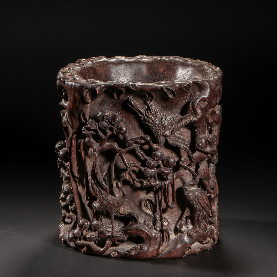 Qing Dynasty Red Sandalwood Mountain Water Fairy Crane Pen Holder: Qing Dynasty Red Sandalwood Mountain Water Fairy Crane Pen HolderH22cm W21cm Weight1018g