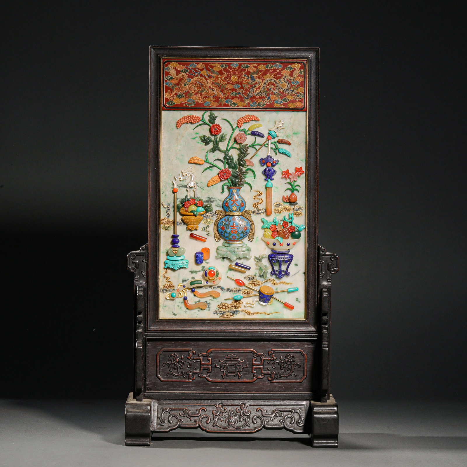 Qing Dynasty Old Jadeite Treasures Inlaid with a Lifetime of Wealth and Fortune on the Screen: Qing Dynasty Old Jadeite Treasures Inlaid with a Lifetime of Wealth and Fortune on the ScreenH52cm W28cm Weight3950g
