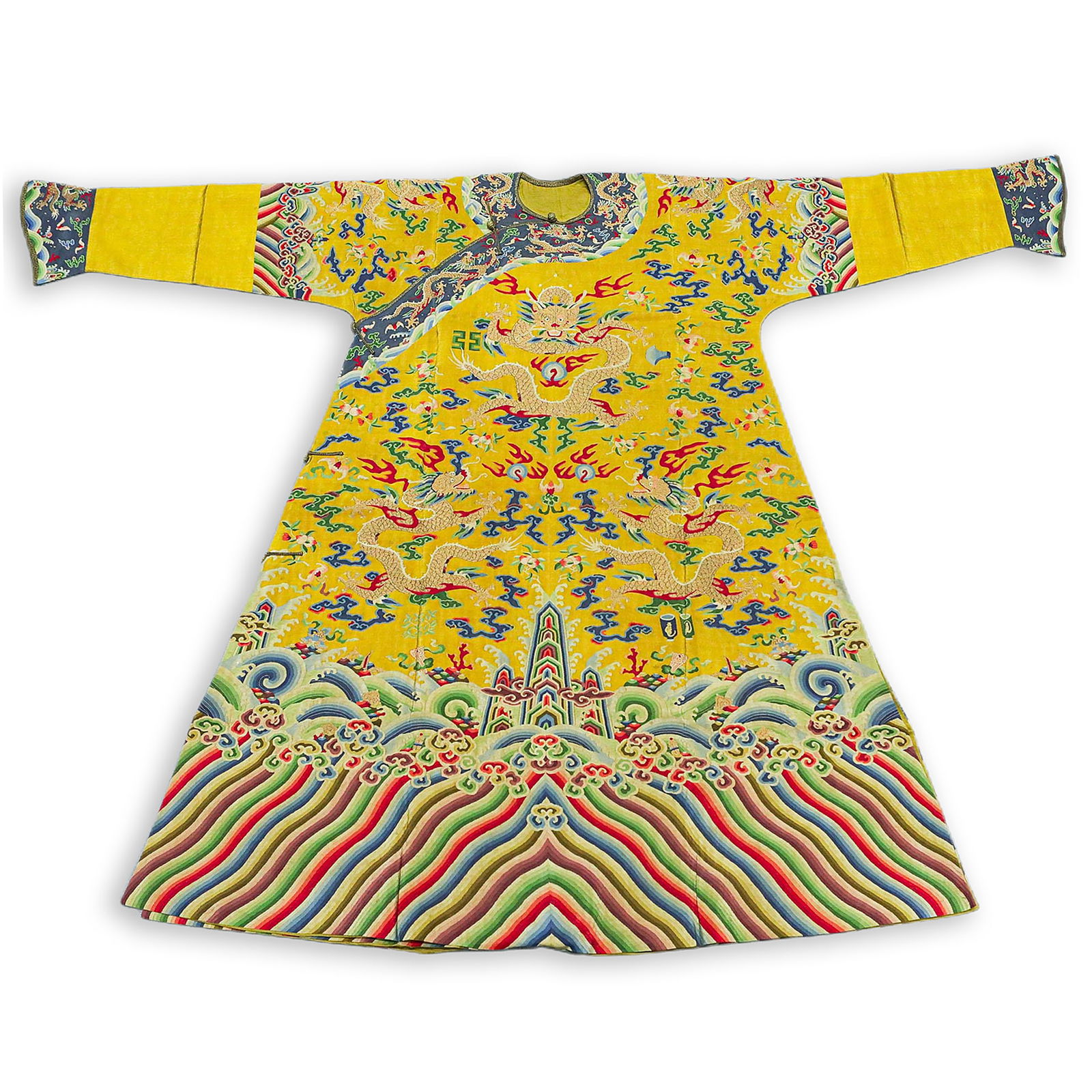 Qing Dynasty tapestry yellow background dragon robe: Qing Dynasty tapestry yellow background dragon robeH131.5cm W185cm