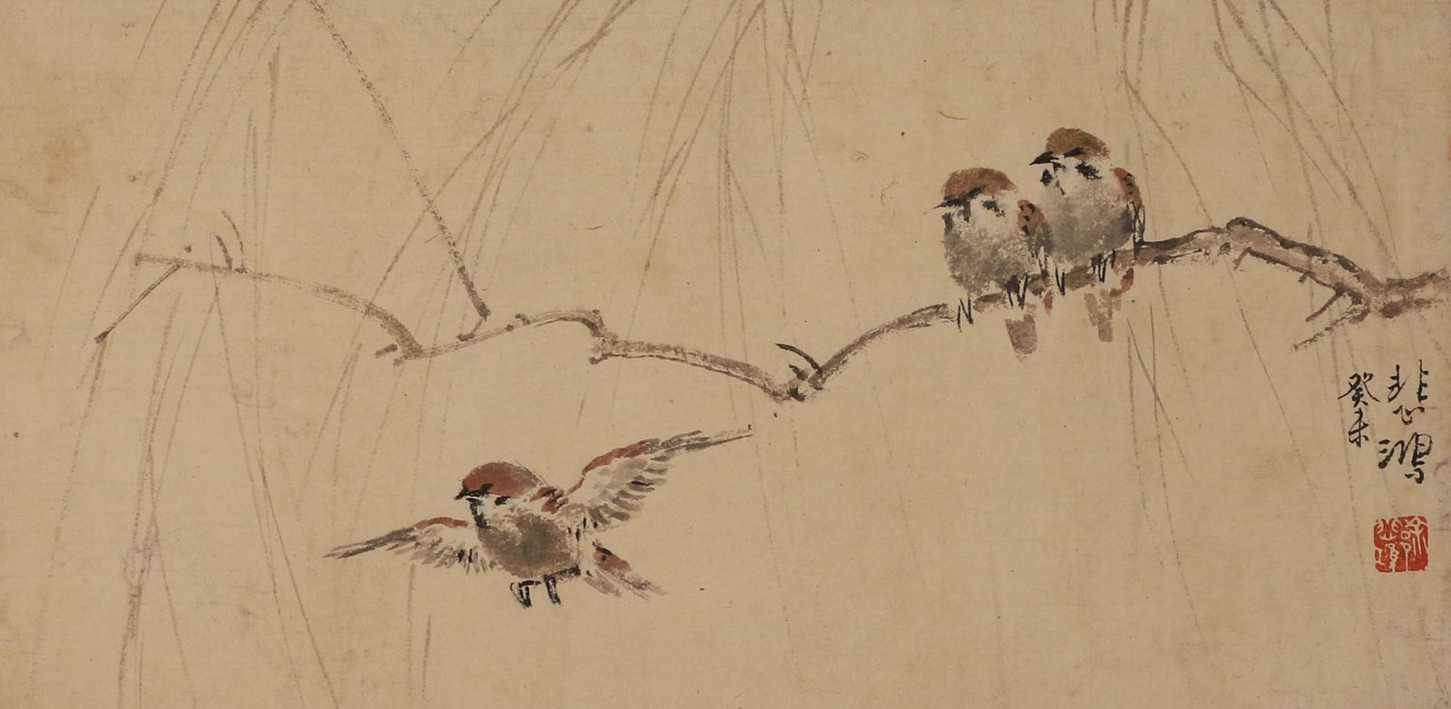 Modern and contemporary, paper sparrow mirror core signature (Xu Beihong): Modern and contemporary, paper sparrow mirror core signature (Xu Beihong)Height: 26cm, width: 52cm