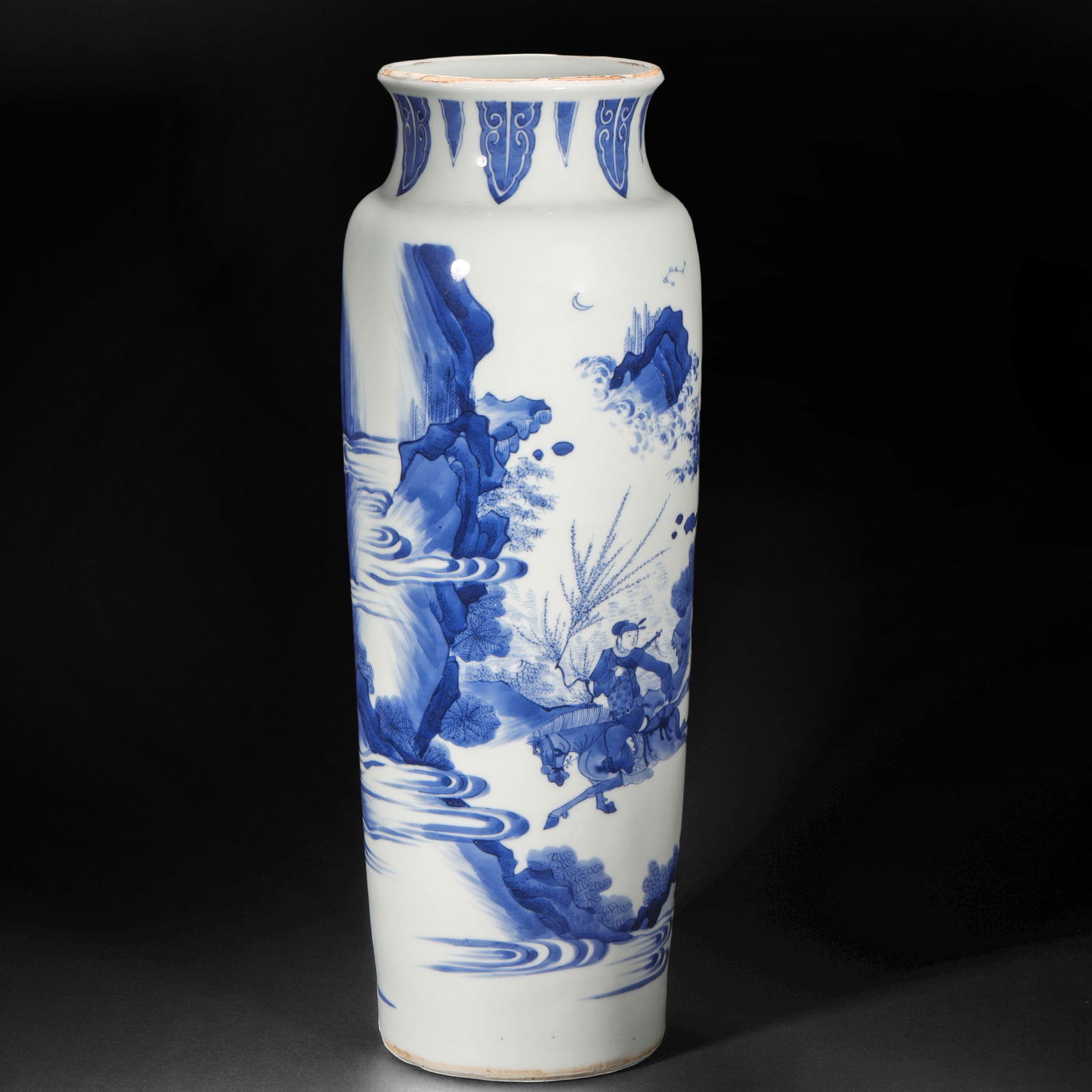 Ming Dynasty blue and white character story elephant leg vase: Ming Dynasty blue and white character story elephant leg vaseH48cm W16cm