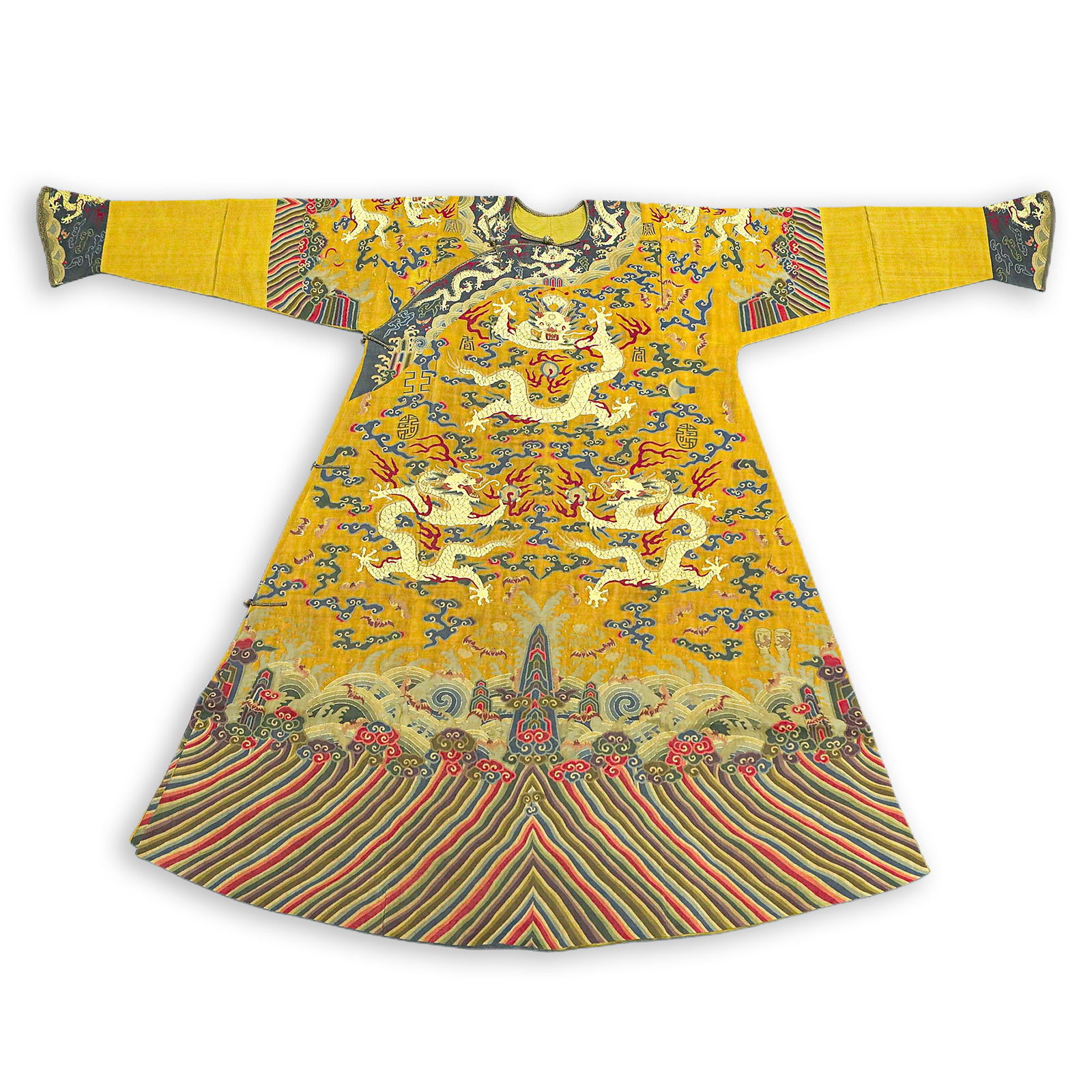 Qing Dynasty tapestry yellow background dragon robe: Qing Dynasty tapestry yellow background dragon robeH131cm W193cm