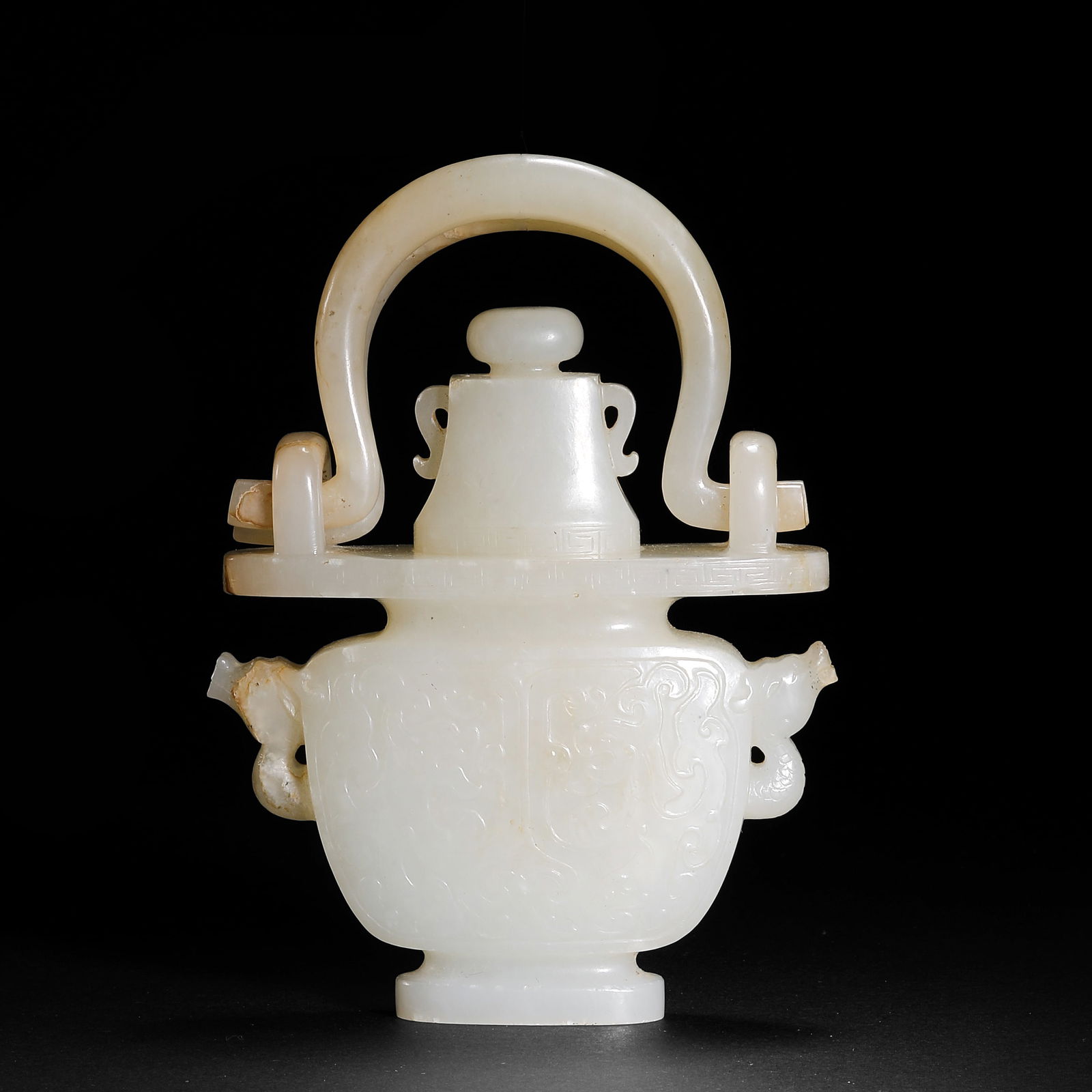 Qing Dynasty Hetian jade double handle teapot: Qing Dynasty Hetian jade double handle teapotH12cm W9cm Weight216g