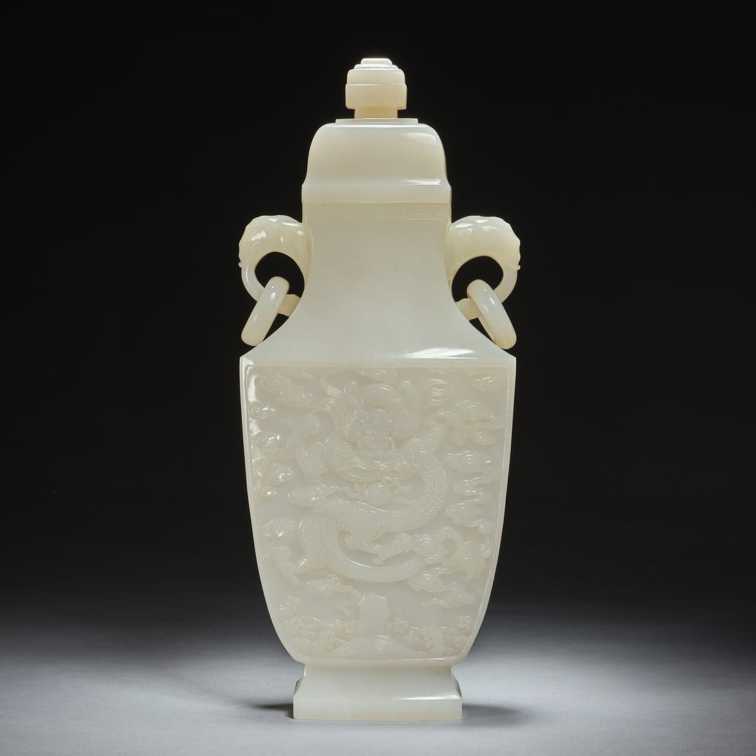 Qing Dynasty Hetian jade dragon pattern live-ear bottle: Qing Dynasty Hetian jade dragon pattern live-ear bottleH30.5cm W12.6cm