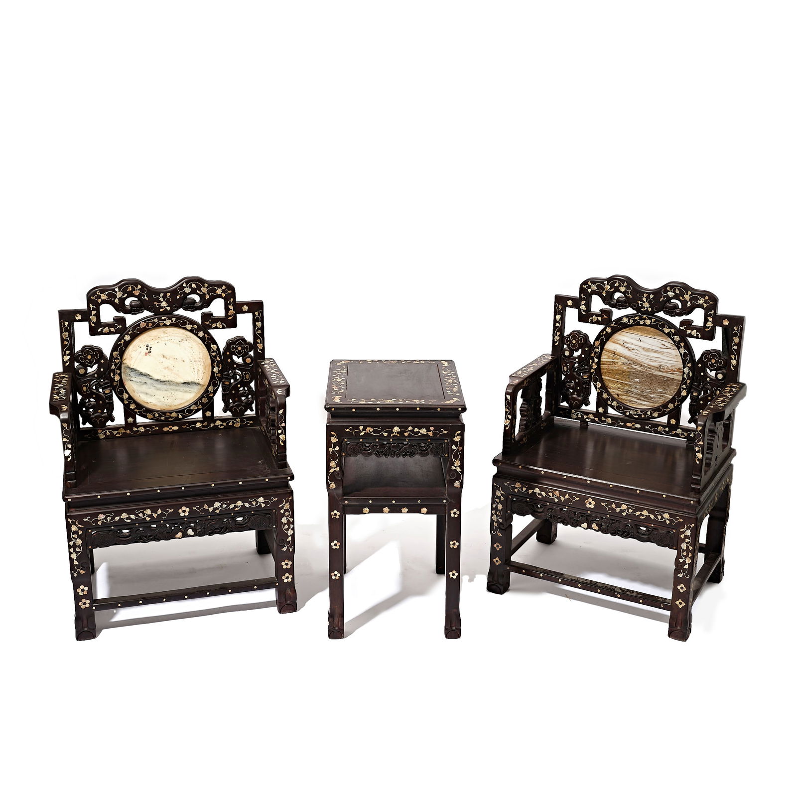 Qing Dynasty mahogany inlaid marble Ganoderma lucidum pattern Taishi chair: Qing Dynasty mahogany inlaid marble Ganoderma lucidum pattern Taishi chairH102*76cm W71*46cm