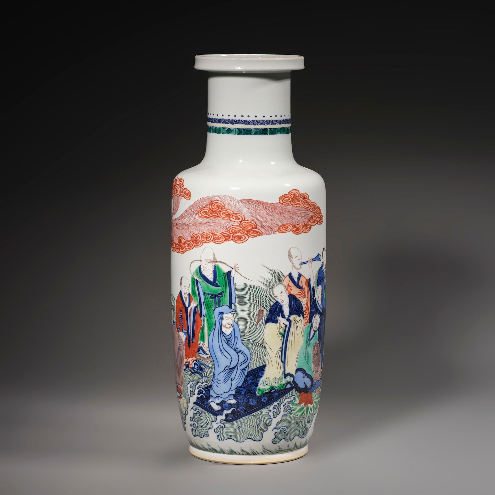 Qing Dynasty Pastel Eighteen Arhats Crossing the Sea Vase: Qing Dynasty Pastel Eighteen Arhats Crossing the Sea VaseH48cm W18.5cm