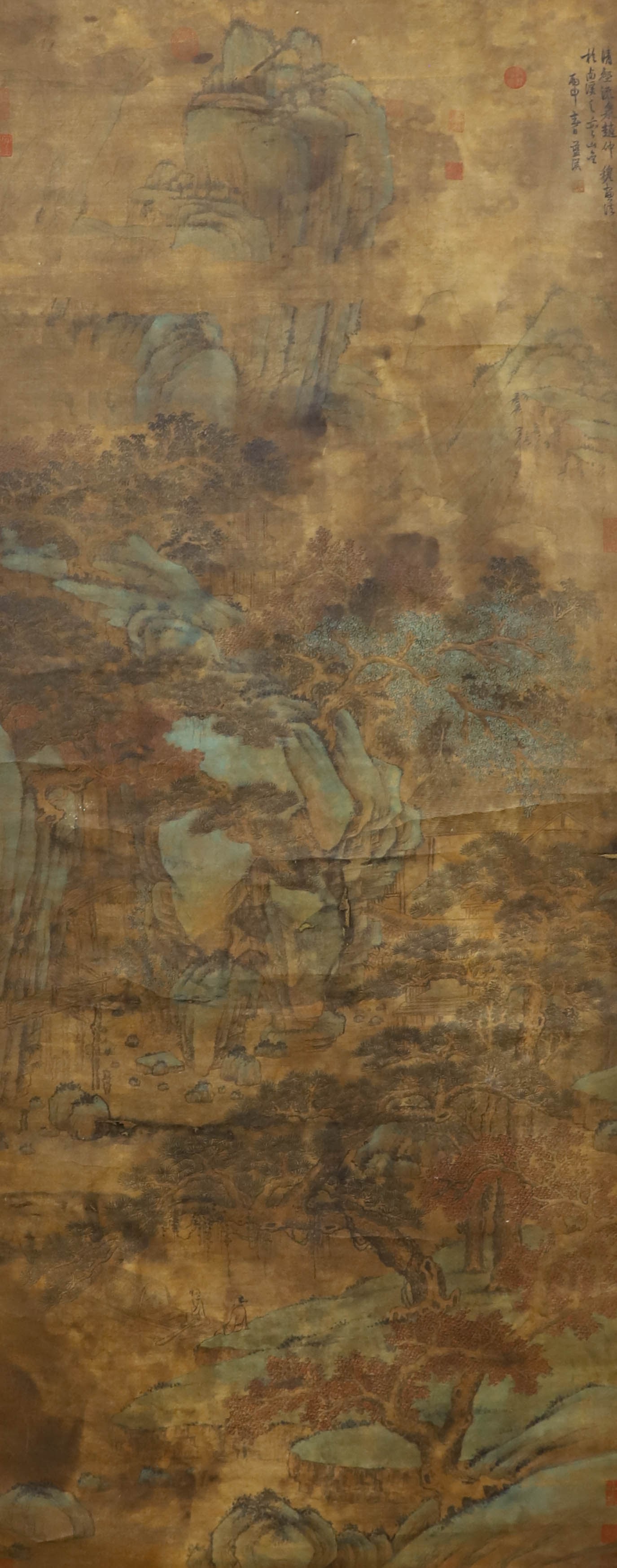 Qing Dynasty, silk scroll with landscape and figures signed (Lan Ying): Qing Dynasty, silk scroll with landscape and figures signed (Lan Ying)Height: 206cm, width: 83cm