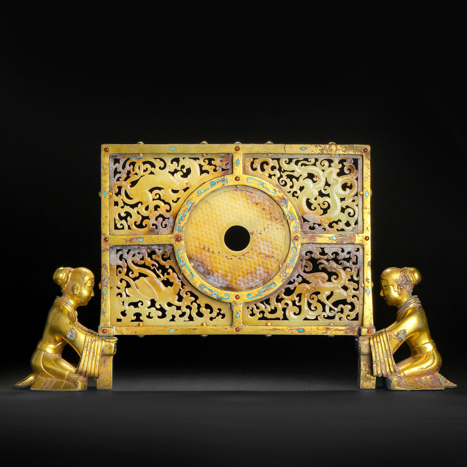 Pre-Ming Dynasty Hetian jade inlaid gilt figure screen insert: Pre-Ming Dynasty Hetian jade inlaid gilt figure screen insertH29.5cm W52cm