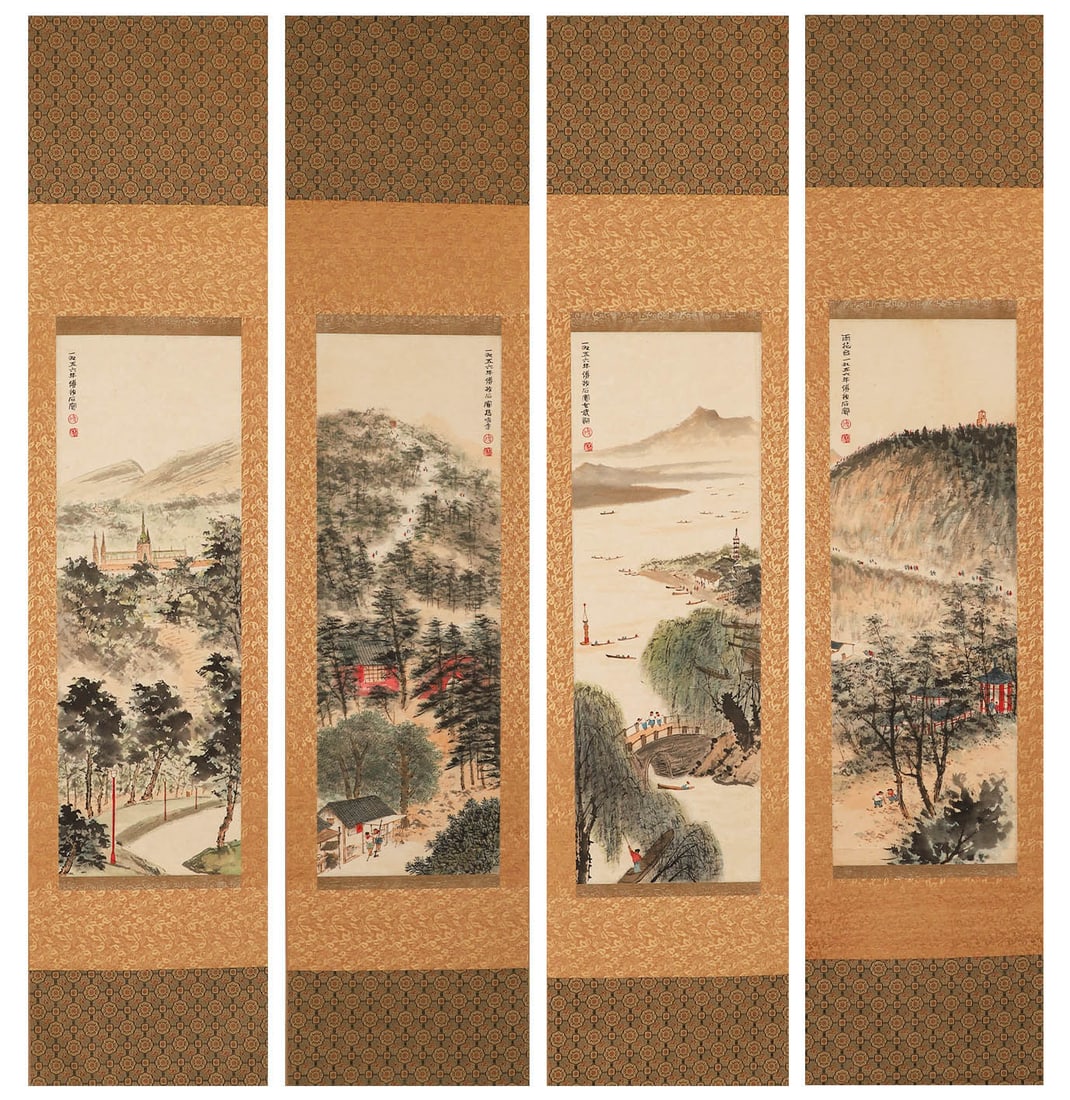 Modern and contemporary, signed four-stripe landscape painting on paper (Fu Baoshi): Modern and contemporary, signed four-stripe landscape painting on paper (Fu Baoshi)Height: 95cm, width: 32.3cm