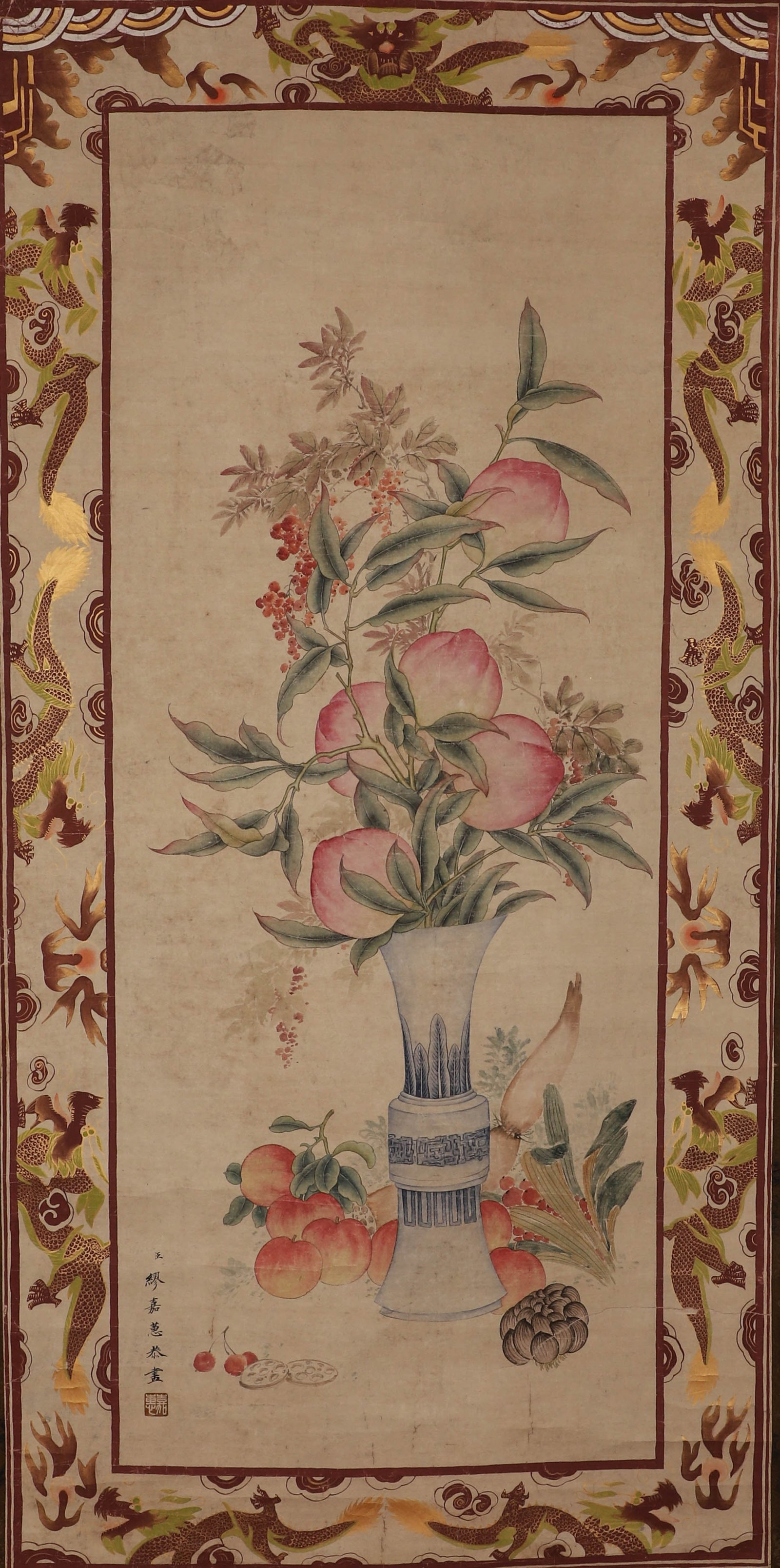 Qing Dynasty, hanging flower scroll on paper signed (Liao Jiahui): Qing Dynasty, hanging flower scroll on paper signed (Liao Jiahui)Height: 128cm, width: 63cm