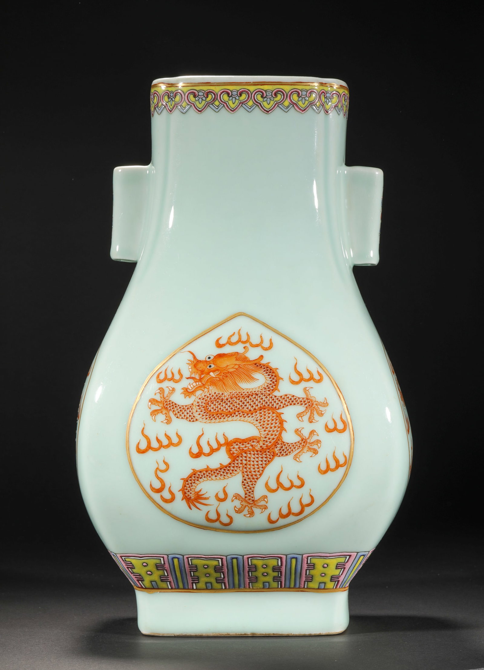 Qing Dynasty azure pastel flat vase with dragon pattern - 8