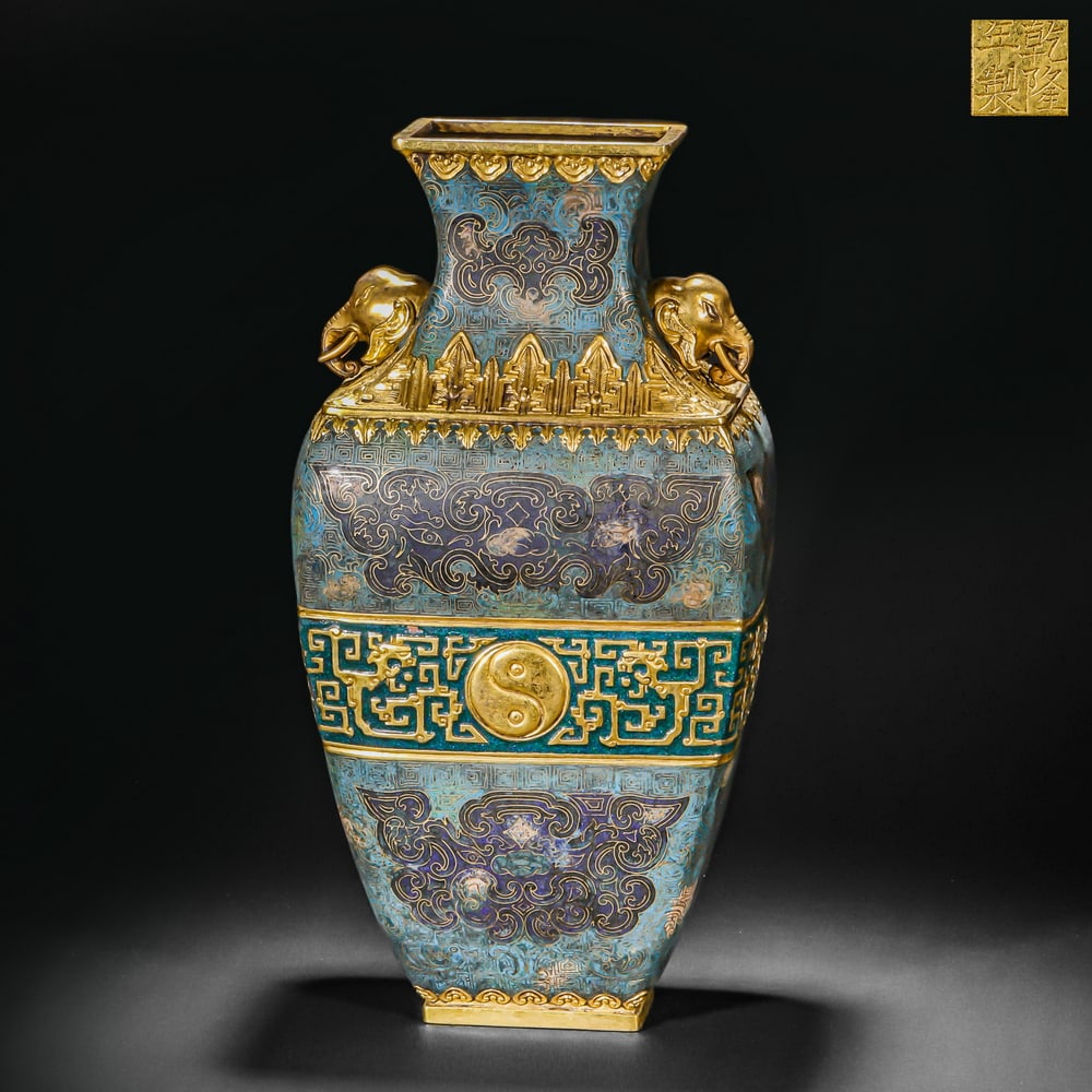 Qing Dynasty cloisonné enamel elephant ear statue with animal patterns: Qing Dynasty cloisonné enamel elephant ear statue with animal patternsH40cm W20cm