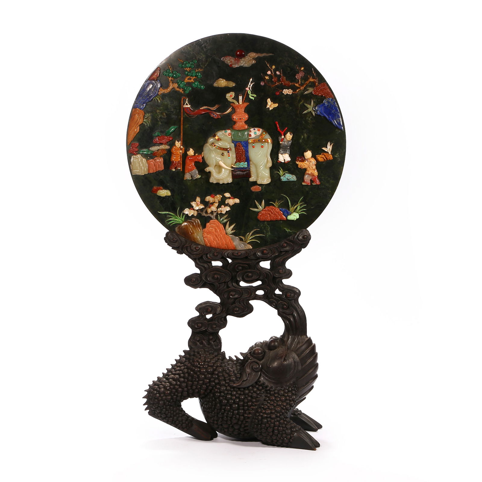 Qing Dynasty treasure inlaid Hetian jade and jasper screen: Qing Dynasty treasure inlaid Hetian jade and jasper screenDiameter40cm