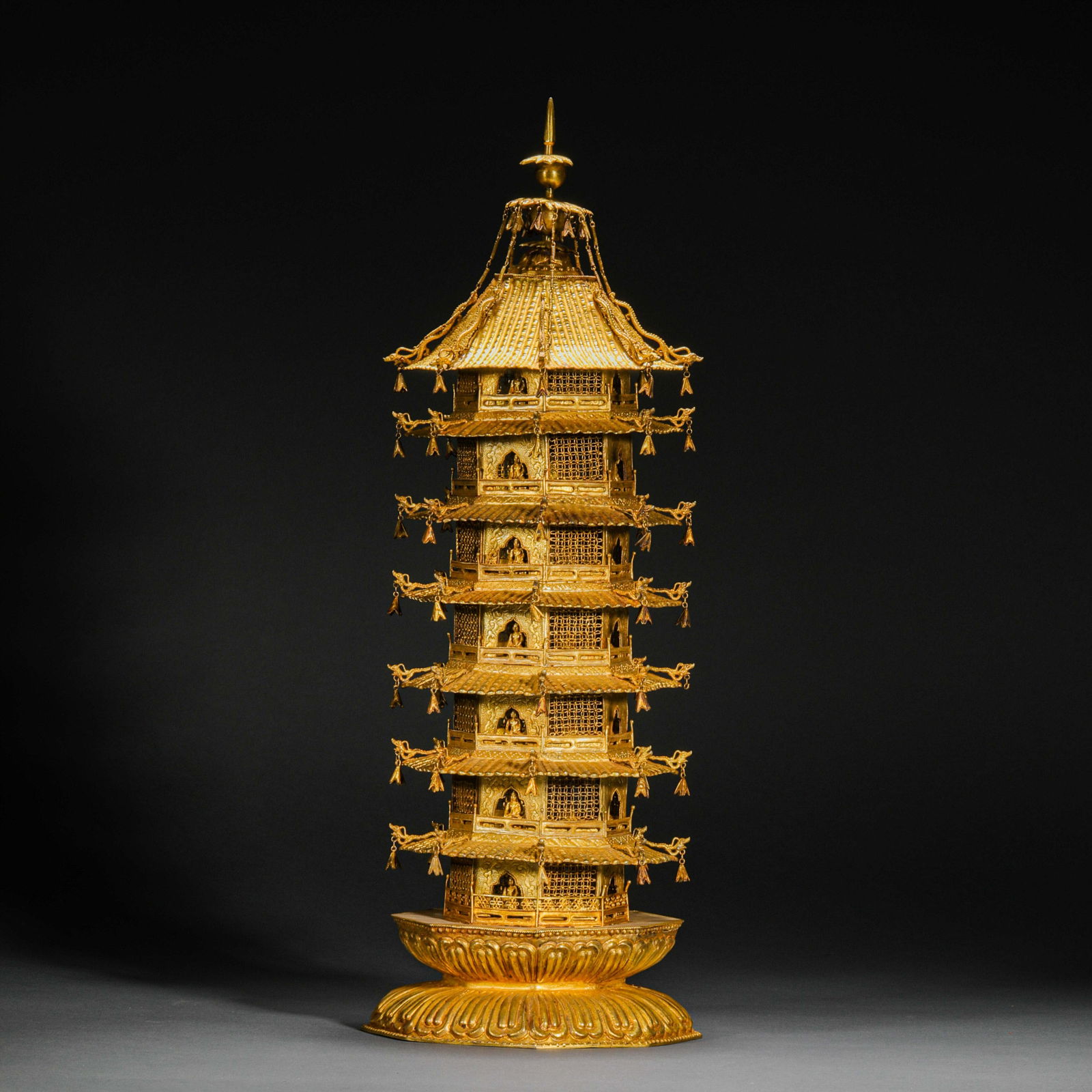 Ming Dynasty or before, a gilt silver filigree relic stupa: Ming Dynasty or before, a gilt silver filigree relic stupaH42.5cm W15cm Wight1275g