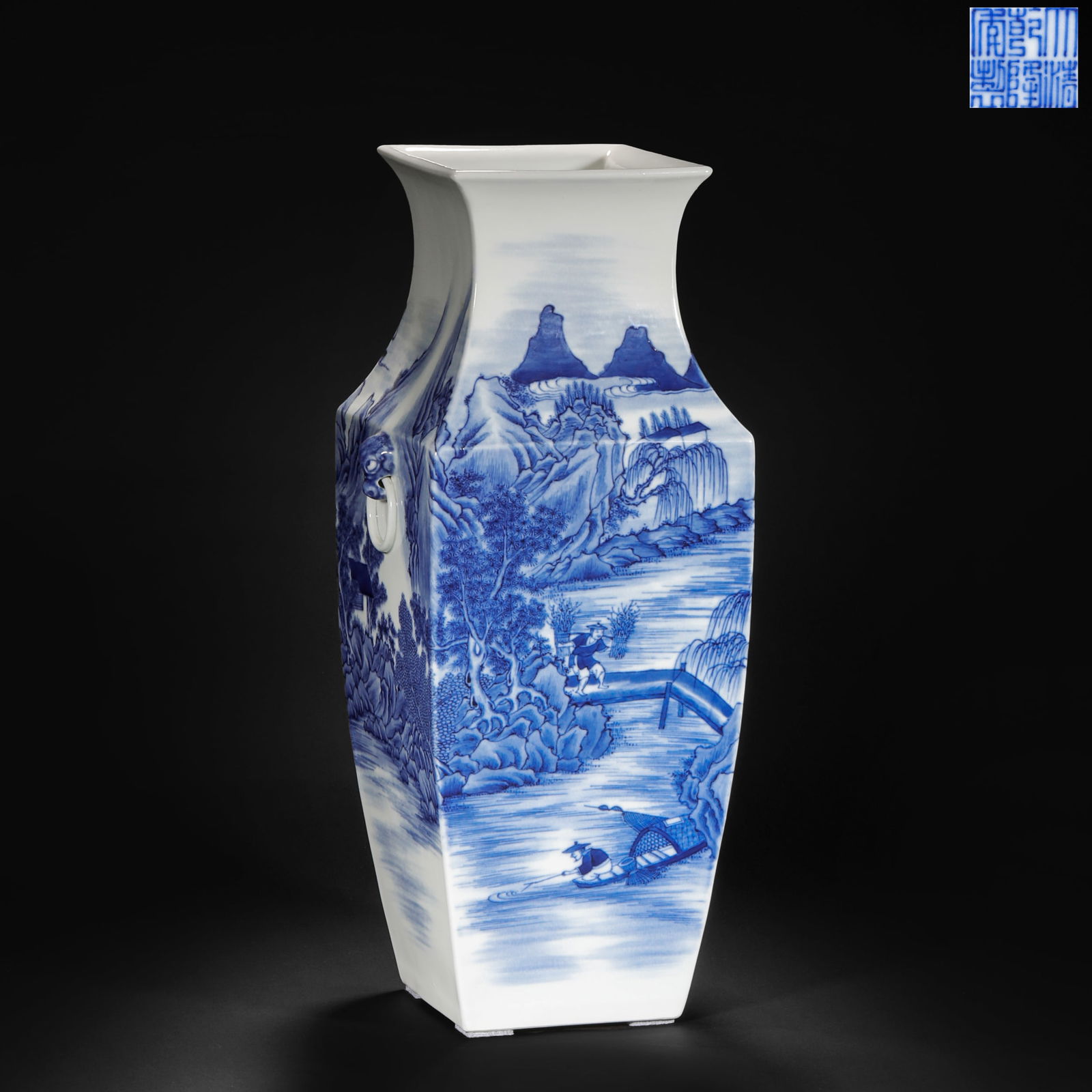 Qing Dynasty blue and white landscape figure statue: Qing Dynasty blue and white landscape figure statueH45cm W17.5cm