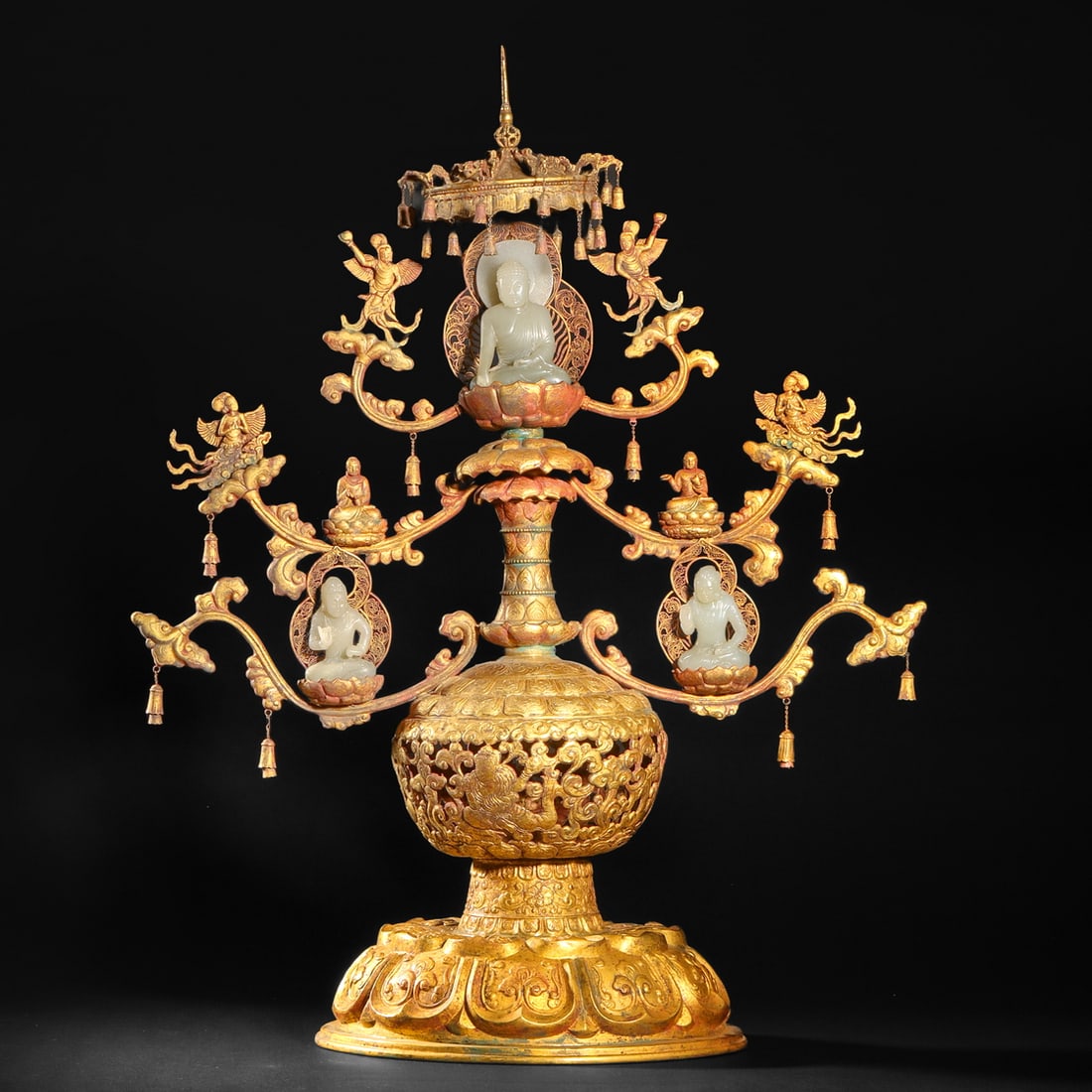 Pre-Ming Dynasty filigree inlaid Hetian jade Buddha III: Pre-Ming Dynasty filigree inlaid Hetian jade Buddha IIIH53cm W40cm Weight2122g