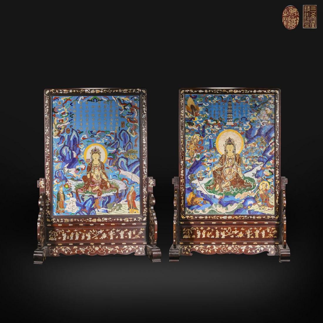 Ming Dynasty cloisonné rosewood inlaid mother-of-pearl Buddha statue insert screen: Ming Dynasty cloisonné rosewood inlaid mother-of-pearl Buddha statue insert screenH106*83cm W83*64cm