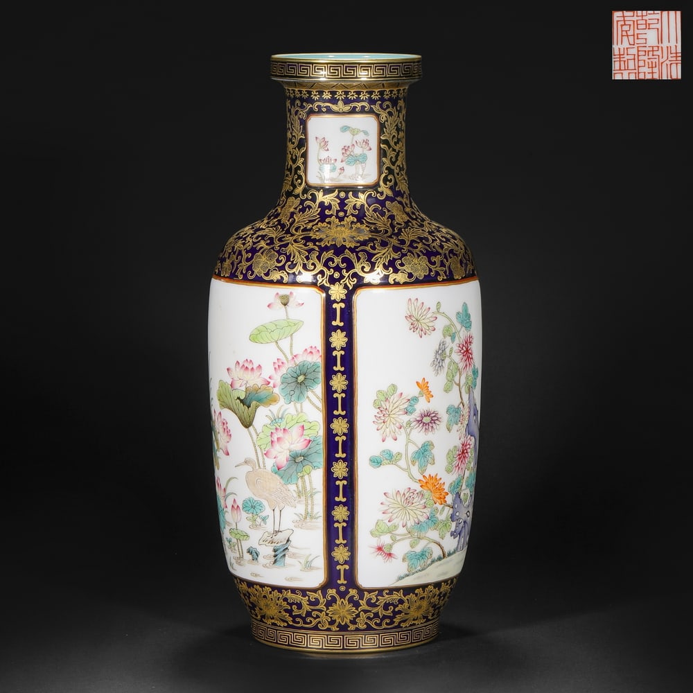 Qing Dynasty blue-glazed gold-painted window flower vase: Qing Dynasty blue-glazed gold-painted window flower vaseH44cm W18cm