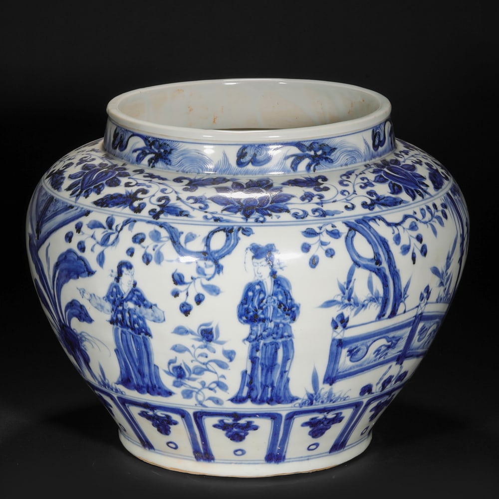 Ming Dynasty blue and white character story cylinder: Ming Dynasty blue and white character story cylinderH28cm W32cm