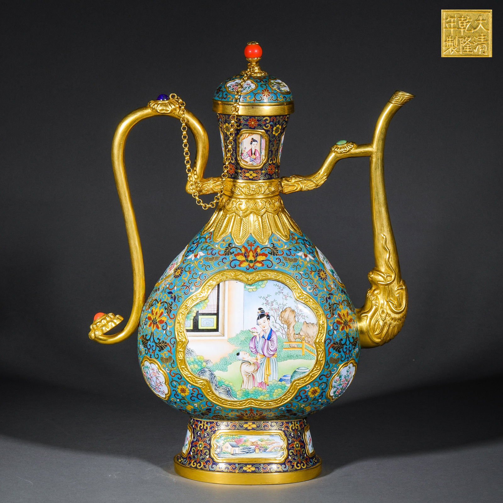 Qing Dynasty cloisonné painted enamel figure holding a pot: Qing Dynasty cloisonné painted enamel figure holding a potH39cm W28cm